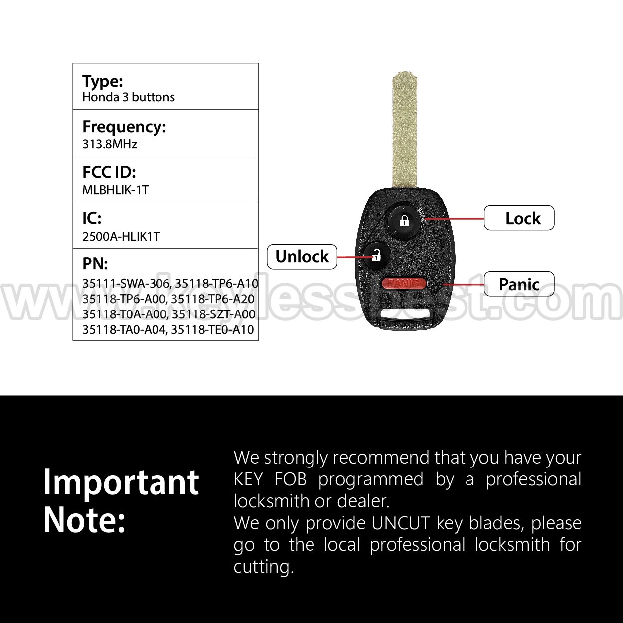 2007-2015 Honda FIT CR-V CR-Z INSIGHT Accord Crosstour Accord Coupe 2DR / 3 Buttons Keyless Entry Remote / MLBHLIK-1T / PN:35111-SWA-306, 35118-TP6-A10, 35118-TP6-A00, 35118-TP6-A20, 35118-T0A-A00, 35118-SZT-A00, 35118-TA0-A04 and 35118-TE0-A10 / ID46 - Image 3
