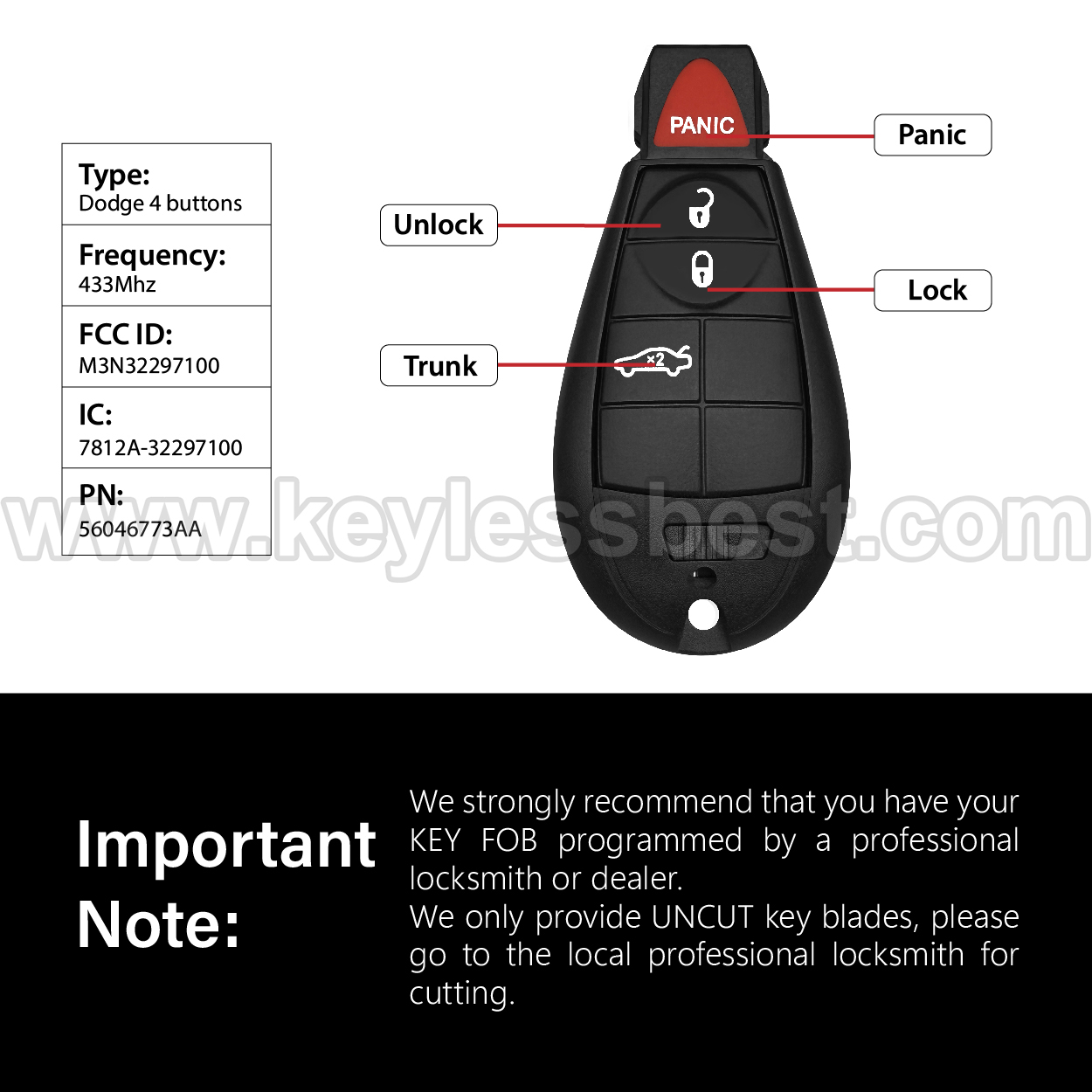 2012-2016 Dodge Dart / 4 Buttons Keyless Entry Remote / M3N32297100 / PN:56046773AA / 46 - Image 3