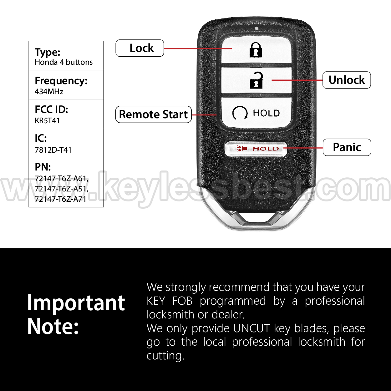 2017 - 2020 Honda Ridgeline / 4 Buttons Keyless Entry Remote / KR5T41 / PN: 72147-T6Z-A61, 72147-T6Z-A51, 72147-T6Z-A71 - Image 3