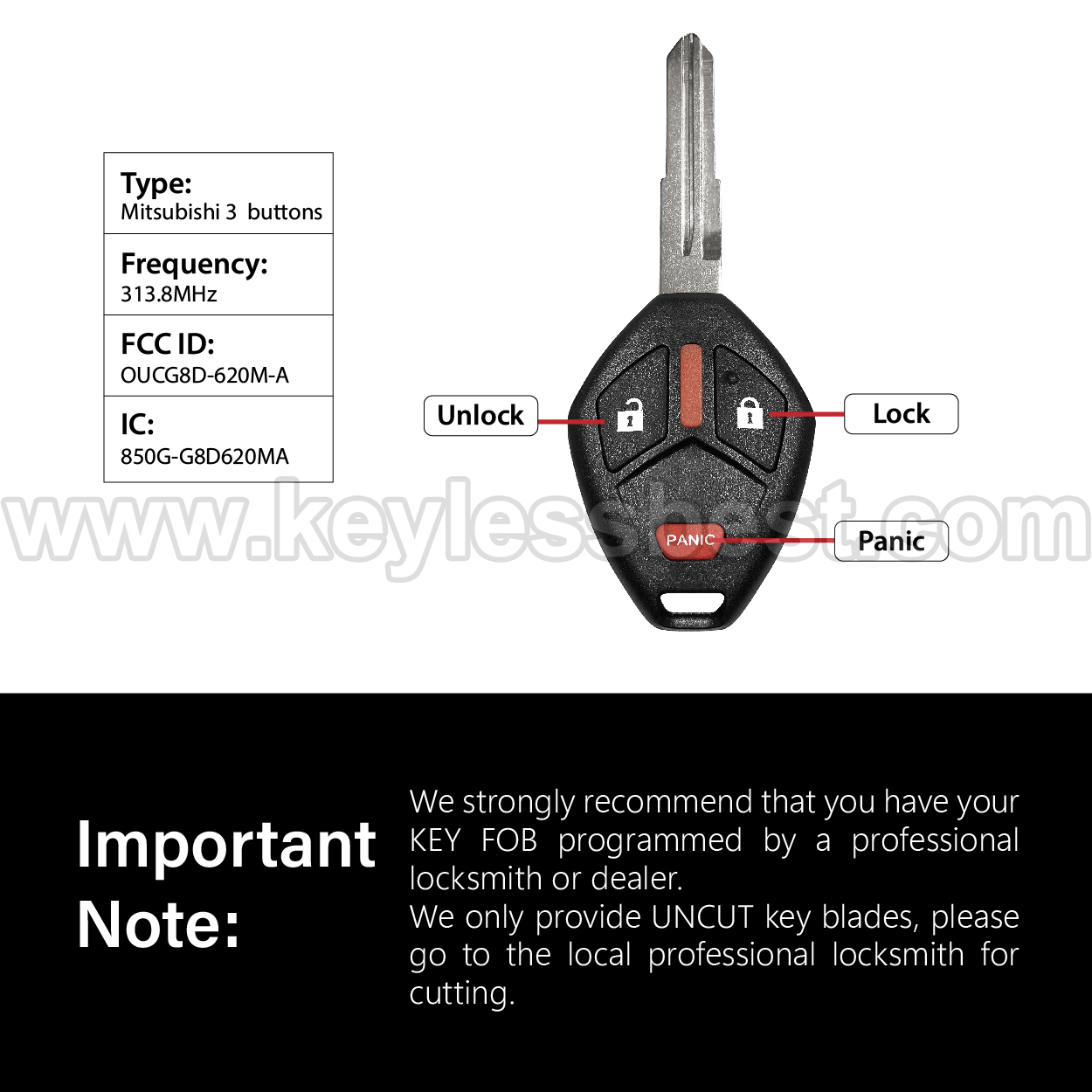 2006 - 2012 Mitsubishi Eclipse Galant / 3 Buttons Keyless Entry Remote / OUCG8D-620M-A / ID46 - Image 3