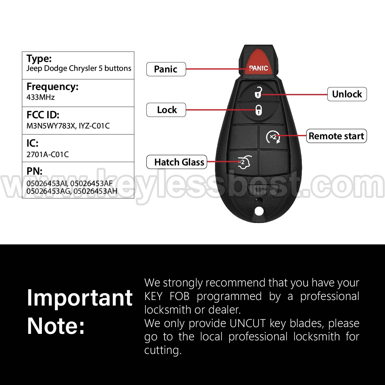 2008-2010 JEEP GRAND CHEROKEE COMMANDER / 5 Buttons Keyless Entry Remote / M3N5WY783X, IYZ-C01C / PN: 05026453AI, 05026453AF, 05026453AG, 05026453AH / ID46 - Image 3