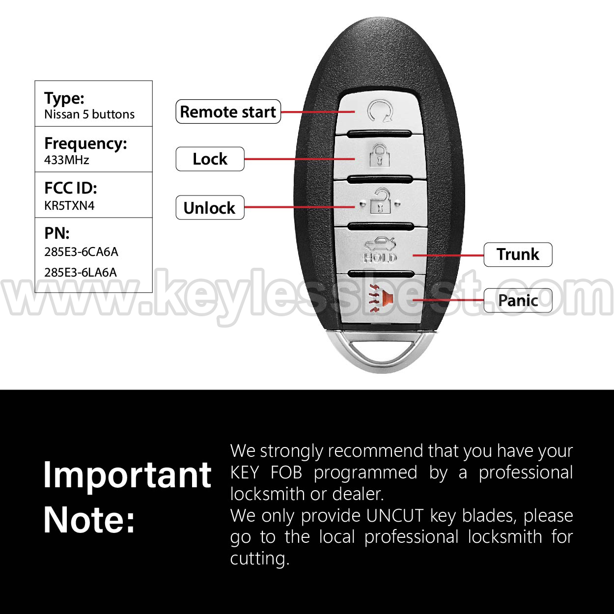 2019 - 2022 Nissan Altima Versa Sentra / 5 Buttons Keyless Entry Remote / KR5TXN4 / PN: 285E3-6CA6A, 285E3-6LA6A - Image 3