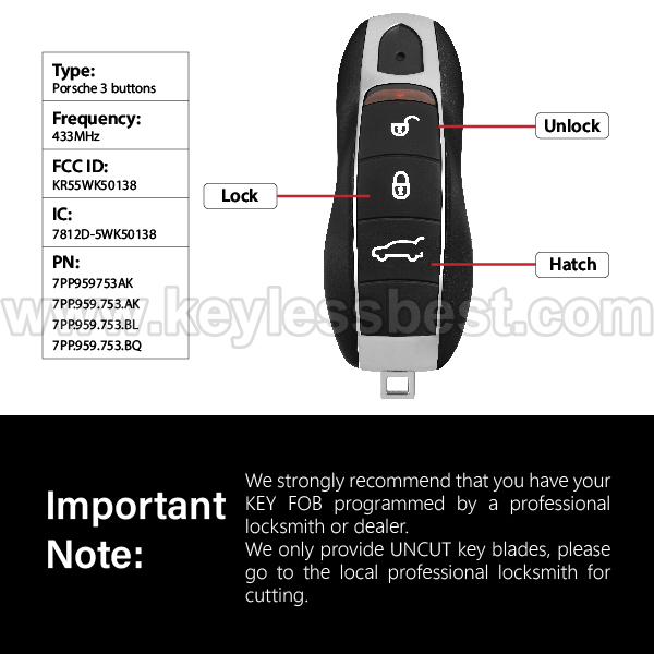 2010-2018 Porsche 911 Boxter Cayenne Cayman Macan Panamera / 3 Buttons Keyless Entry Remote / KR55WK50138 / PN: 7PP959753AK 7PP.959.753.BL 7PP.959.753.BQ 7PP.959.753.N 7PP.959.753.CF 7PP.959.753 AN - Image 3