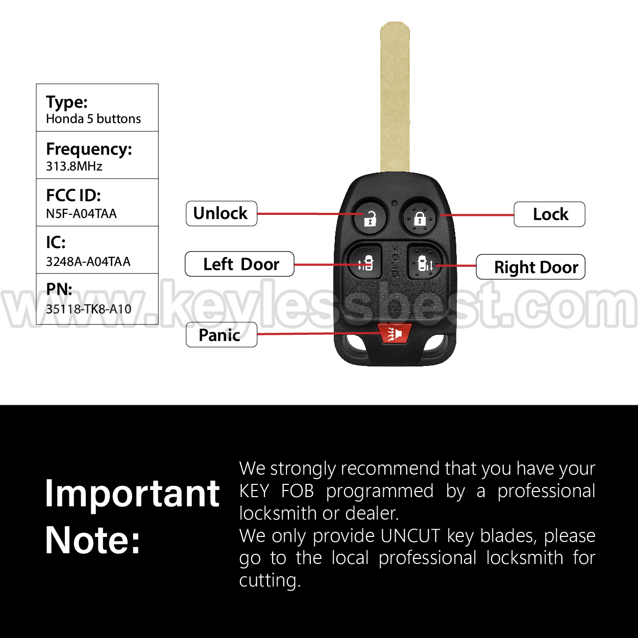 2011 - 2013 Honda Odyssey / 5 Buttons Keyless Entry Remote / N5F-A04TAA / PN: 35118-TK8-A10 / ID46 - Image 3
