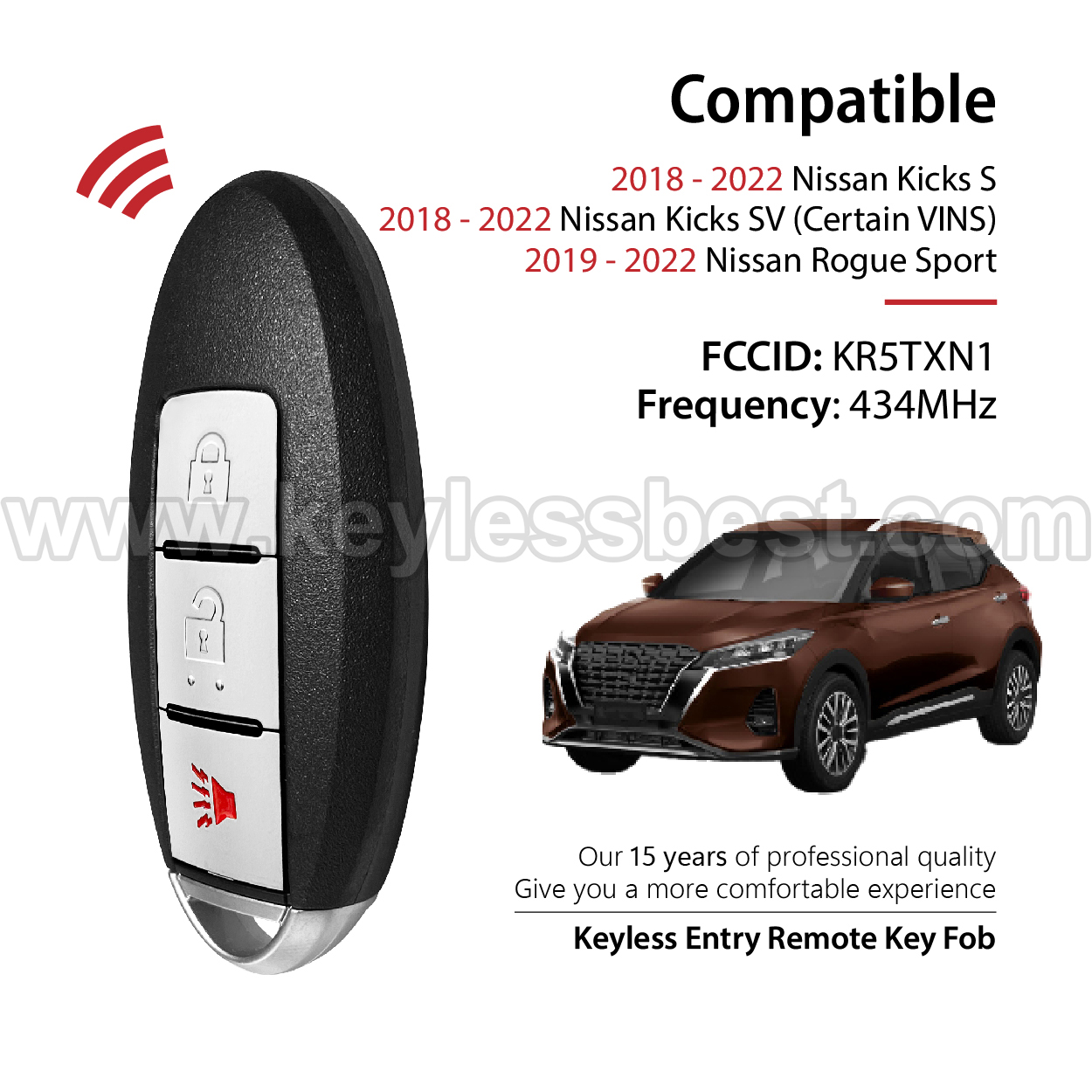 2018-2022 Nissan Kicks S Kicks SV (Certain VINS) Rogue Sport / 3 Buttons Keyless Entry Remote / KR5TXN1 / PN: 285E3-6TA1A - Image 2