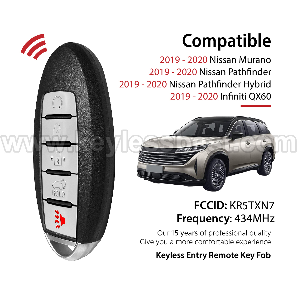 2019-2020 Nissan Infiniti Murano Pathfinder Pathfinder Hybrid QX60 / 5 Buttons Keyless Entry Remote / KR5TXN7 / PN: 285E3-9UF7A 285E3-9UF7B - Image 2