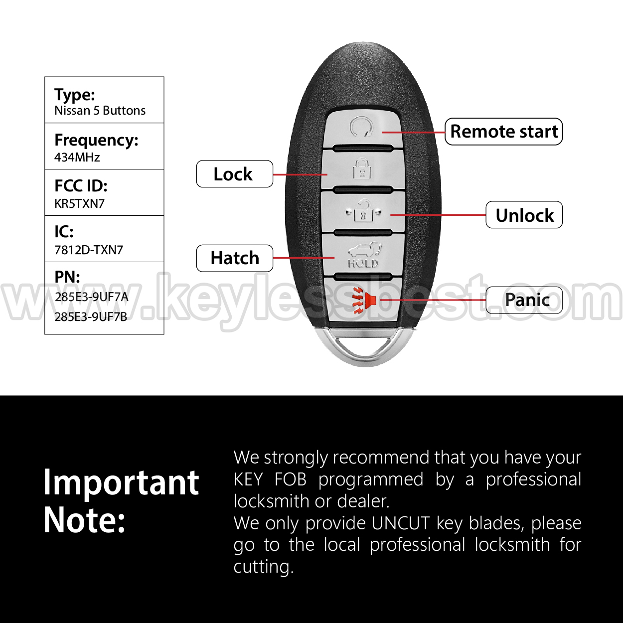 2019-2020 Nissan Infiniti Murano Pathfinder Pathfinder Hybrid QX60 / 5 Buttons Keyless Entry Remote / KR5TXN7 / PN: 285E3-9UF7A 285E3-9UF7B - Image 3