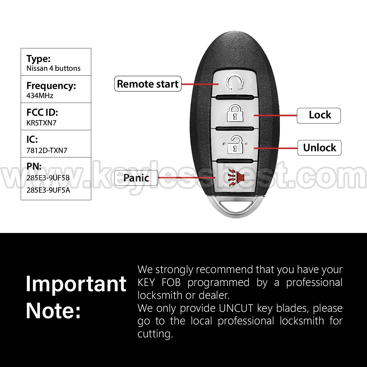 2019-2020 Nissan Pathfinder Titan Murano / 4 Buttons Keyless Entry Remote / KR5TXN7 / PN: 285E3-9UF5B, 285E3-9UF5A - Image 3