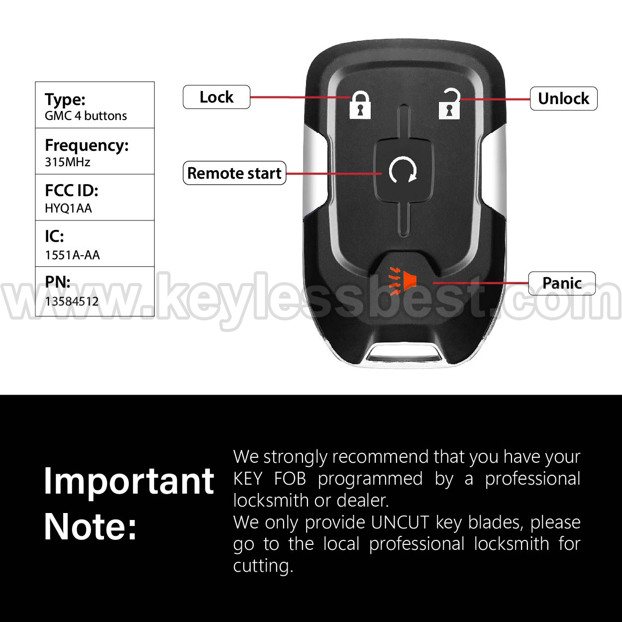 2015-2022 GMC Chevrolet Tahoe Suburban Terrain Yukon / Yukon XL / 4 Buttons Keyless Entry Remote / HYQ1AA / PN:13584512 - Image 3