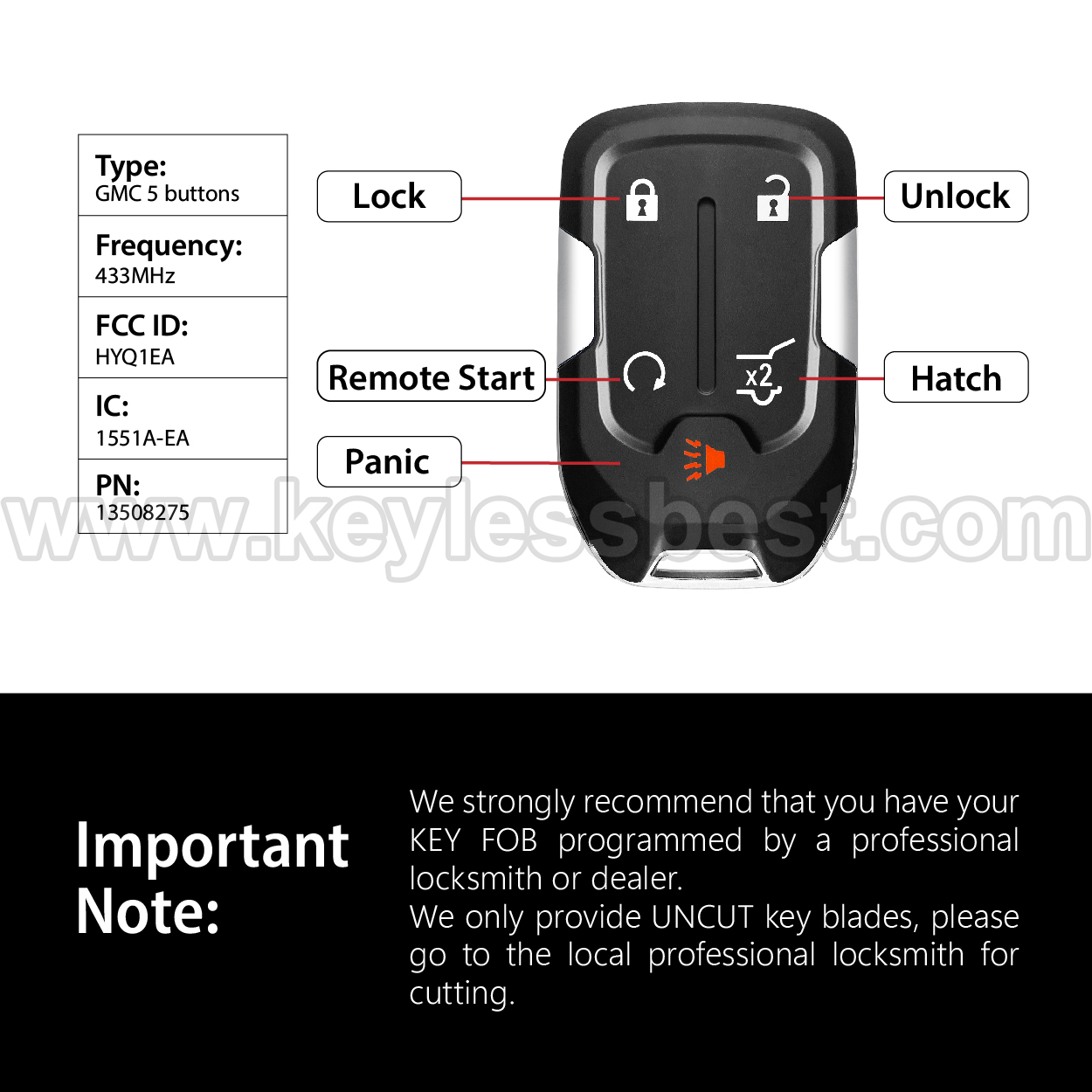 2017-2020 GMC Acadia Terrain / 5 Buttons Keyless Entry Remote / HYQ1EA / PN:13508275 / 46 - Image 3