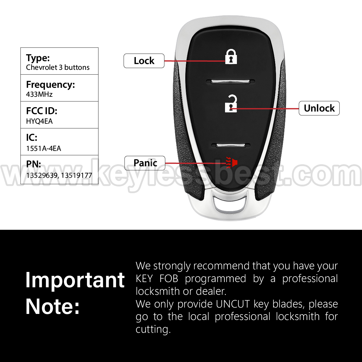 2016-2020 Chevrolet Cruze Equinox Traverse LS Traverse LT Blazer / 3 Buttons Keyless Entry Remote / HYQ4EA / PN:13529639, 13519177 / 46 - Image 3