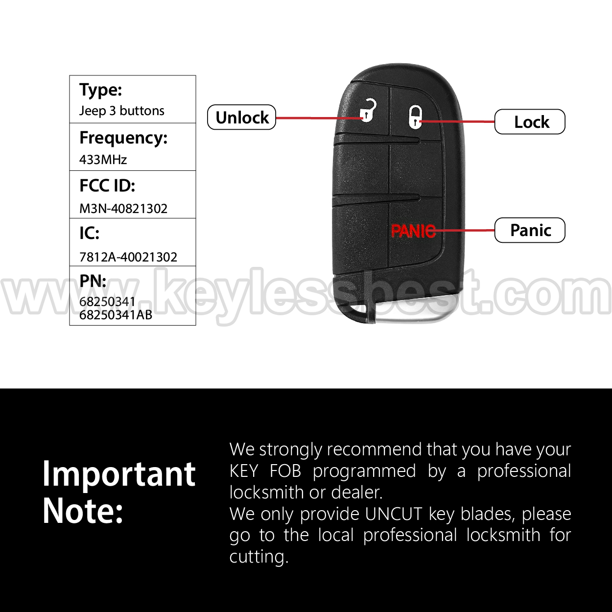 2017-2021 JEEP COMPASS / 3 Buttons Keyless Entry Remote / M3N-40821302 / PN:68250341 / 68250341AB / 4A - Image 3