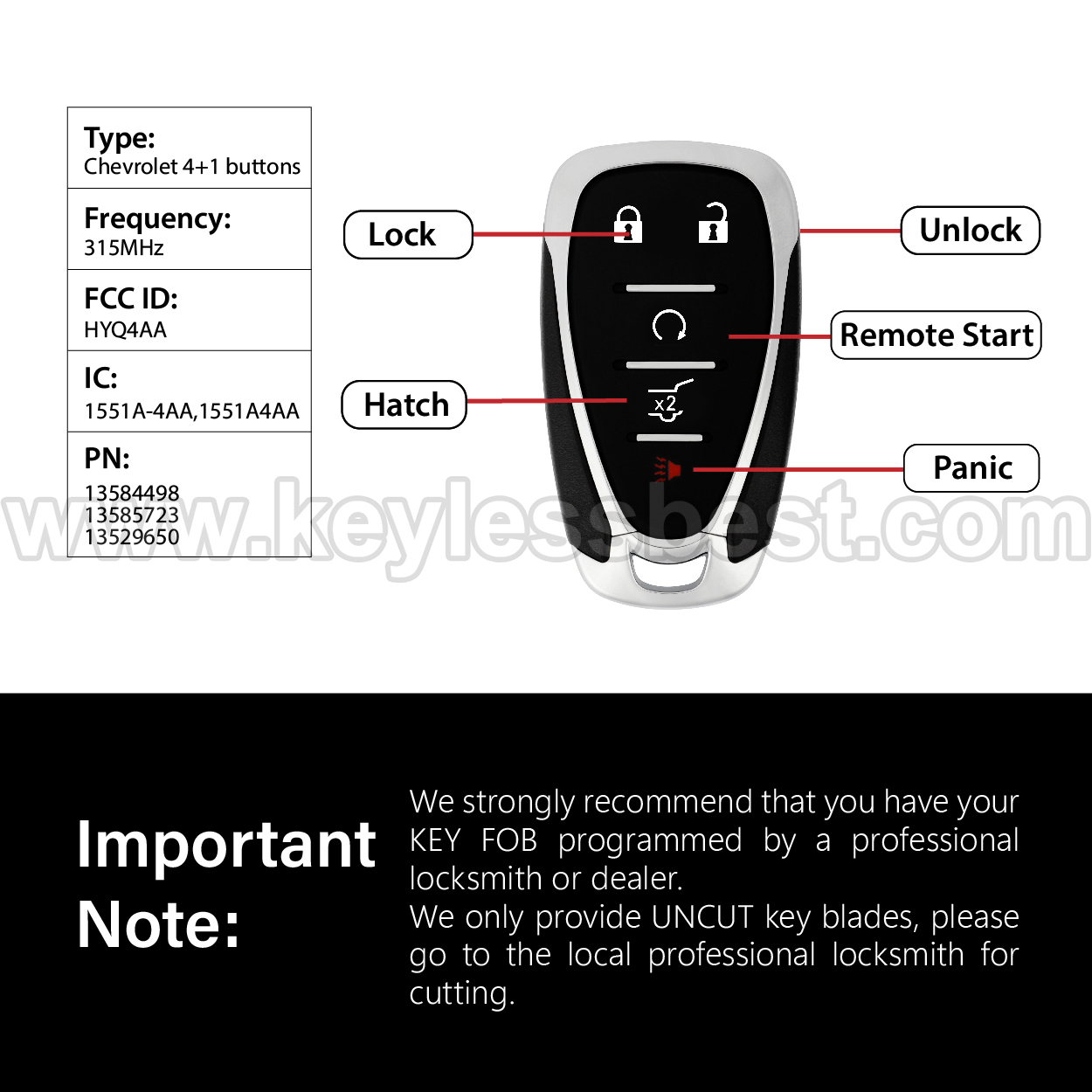 2018-2022 Chevrolet Blazer Equinox Traverse Trailblazer / 5 Buttons Keyless Entry Remote / HYQ4AA / PN:13584498, 13585723, 13529650 / 46 SUV - Image 3