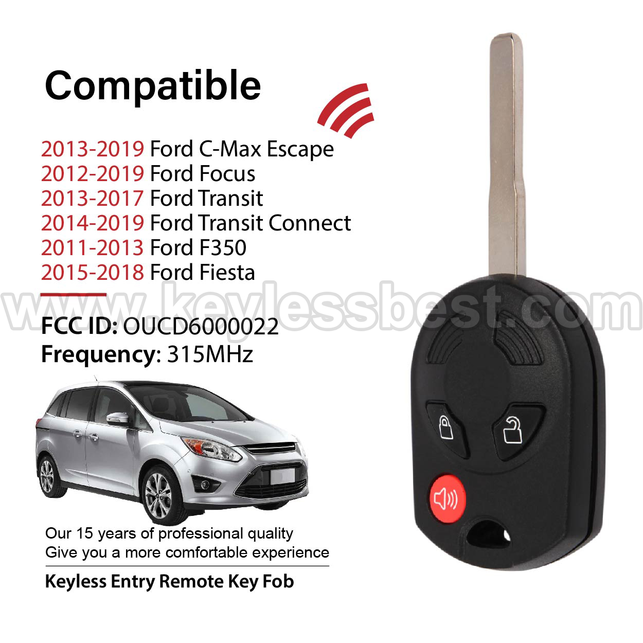 2011-2019 Ford C-Max Escape Focus Transit Transit Connect F350 Fiesta / 5 Buttons Keyless Entry Remote / OUCD6000022 / PN:164-R8046, 164-R8126 / 4D63 80Bit - Image 2