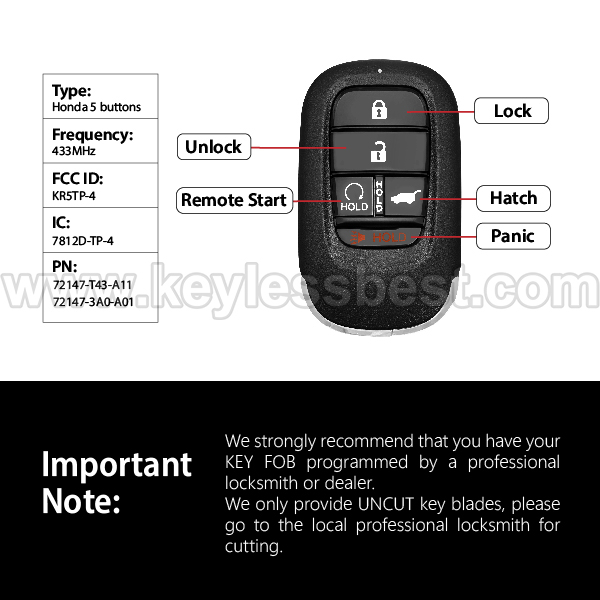 2023-2024 Honda CR-V CR-V Hybrid HR-V Pilot / 5 Buttons Keyless Entry Remote / KR5TP-4 / PN: 72147-T43-A11 72147-3A0-A01 - Image 3