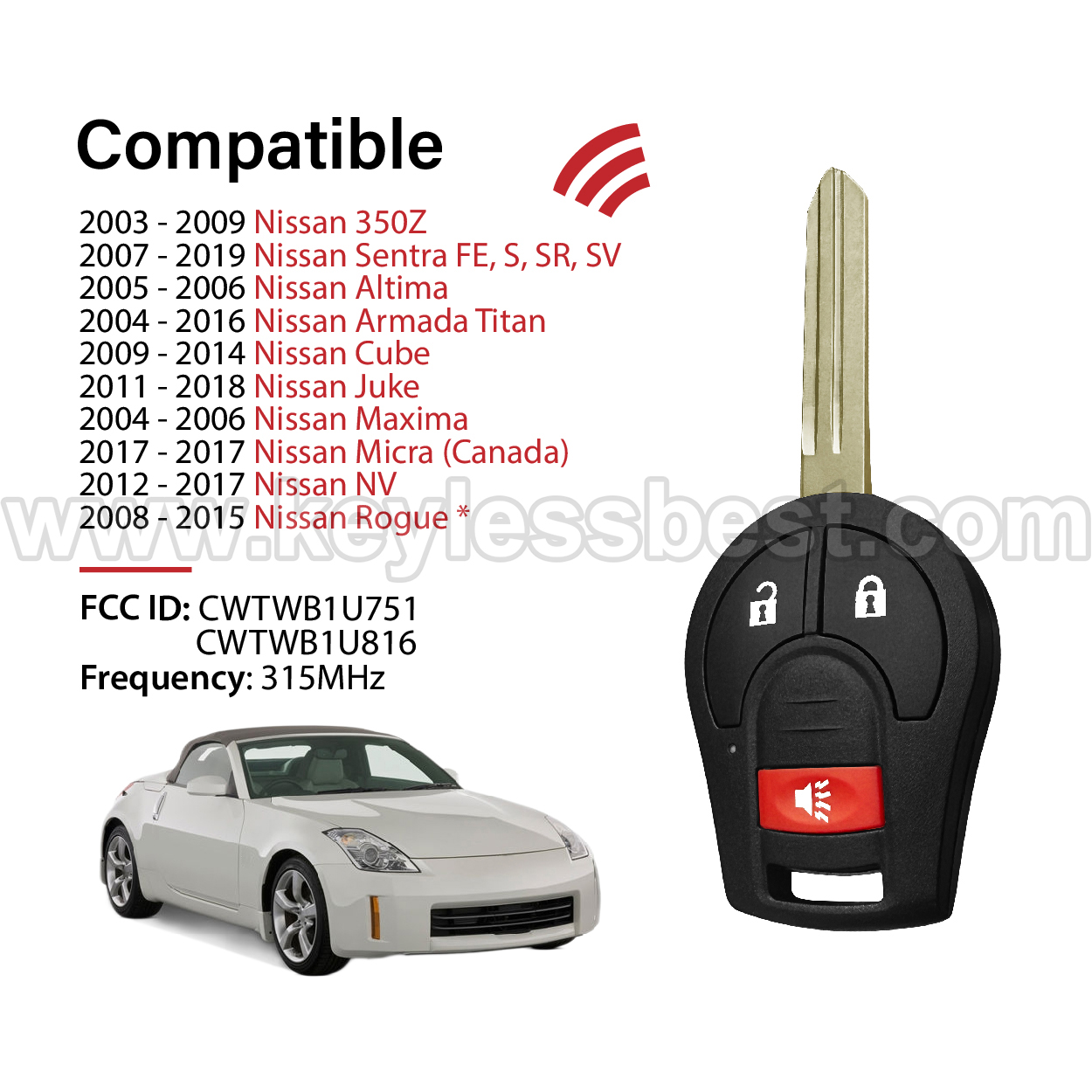 2003-2019 Nissan Chevrolet Infiniti 350Z Sentra FE, S, SR, SV Altima Armada Cube Juke Maxima Micra NV Rogue Versa Pathfinder Murano Quest Frontier / 3 Buttons Keyless Entry Remote / CWTWB1U751, CWTWB1U816 / PN: H0561-C993A 28268-ZT03A 28268-EA000/ ID46 - Image 2