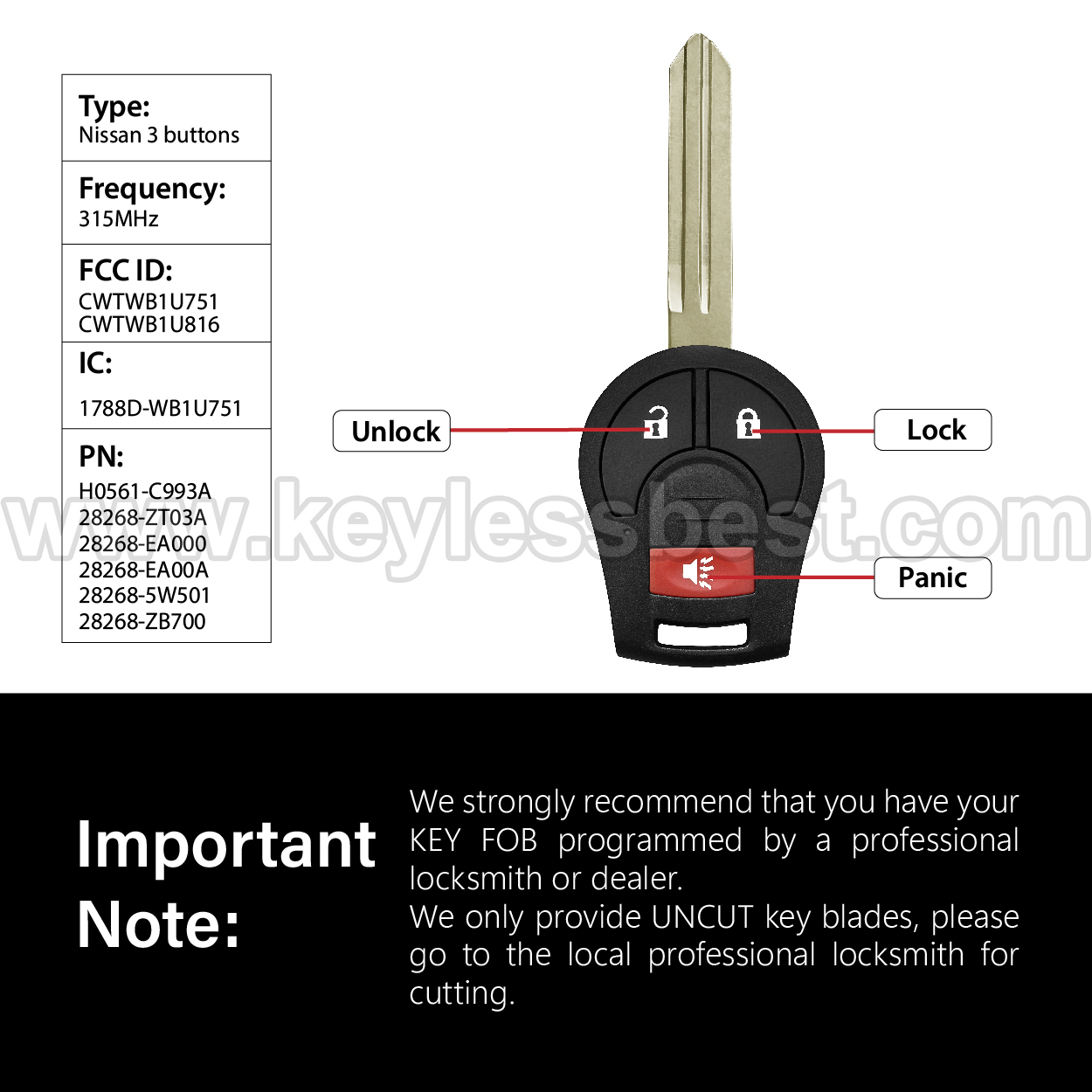 2003-2019 Nissan Chevrolet Infiniti 350Z Sentra FE, S, SR, SV Altima Armada Cube Juke Maxima Micra NV Rogue Versa Pathfinder Murano Quest Frontier / 3 Buttons Keyless Entry Remote / CWTWB1U751, CWTWB1U816 / PN: H0561-C993A 28268-ZT03A 28268-EA000/ ID46 - Image 3
