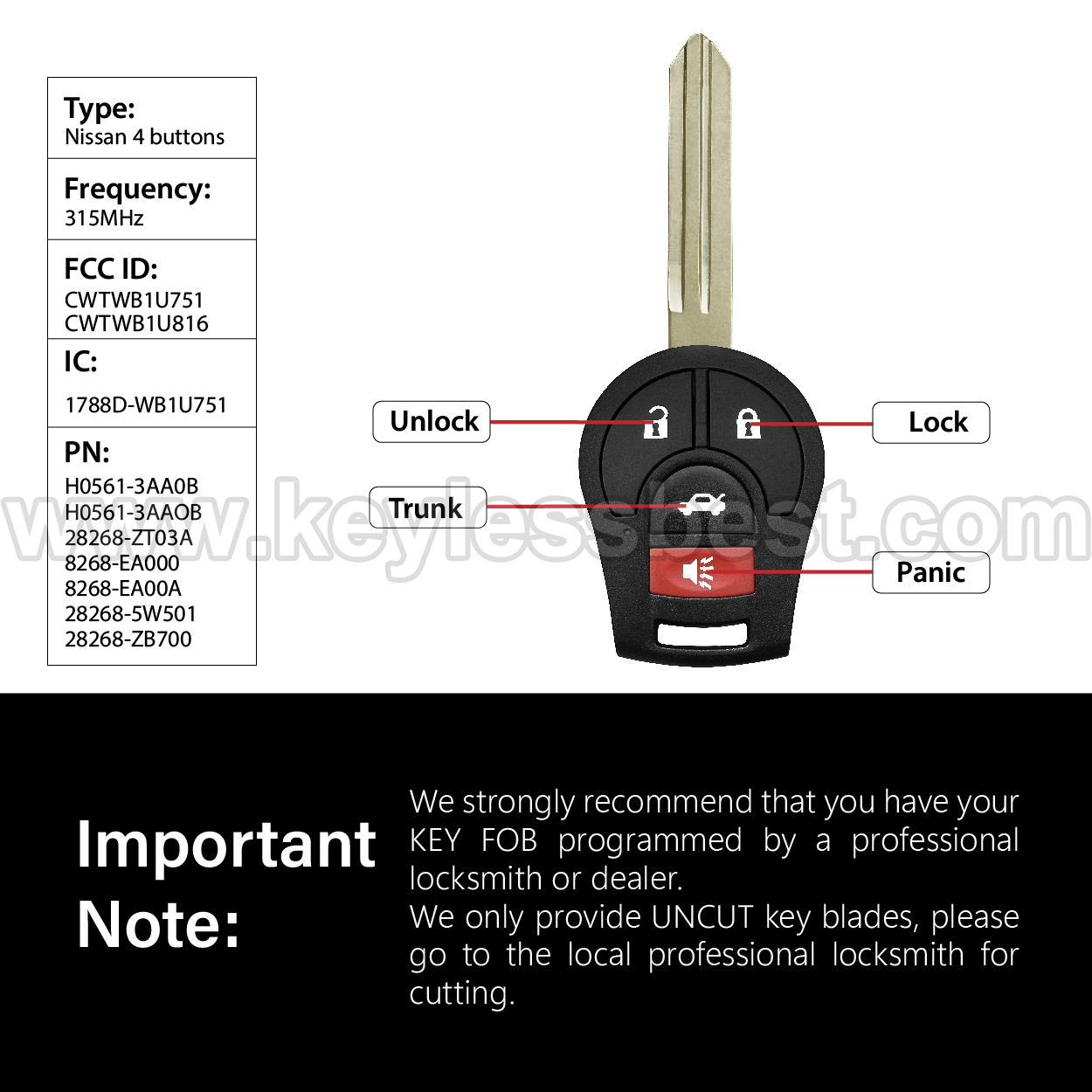 2003-2019 Nissan Chevrolet Infiniti 350Z Sentra FE, S, SR, SV Altima Armada Cube Juke Maxima Micra NV Rogue Versa / 4 Buttons Keyless Entry Remote / CWTWB1U751, CWTWB1U816 / PN: H0561-3AA0B, H0561-3AAOB 28268-ZT03A 28268-EA000 28268-EA00A/ ID46 - Image 3