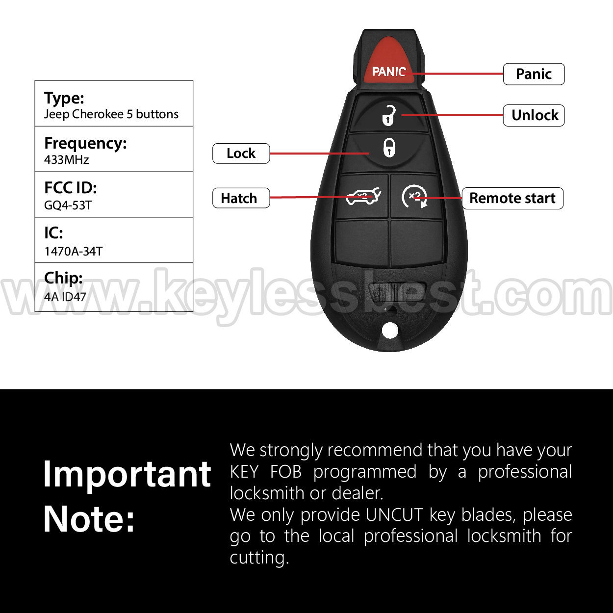 2014-2020 Jeep Cherokee / 5 Buttons Keyless Entry Remote / GQ4-53T / 4A ID47 - Image 3