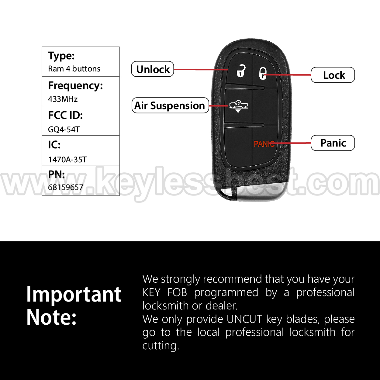 2013-2019 Ram 1500 2500 3500 / 4 Buttons Keyless Entry Remote / GQ4-54T / PN: 68159657 / 46 - Image 3