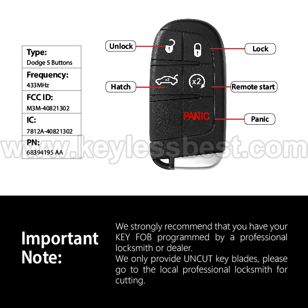 2019-2021Dodge Challenger Charger / 5 Buttons Keyless Entry Remote / M3M-40821302 / PN: 68394195 AA - Image 4