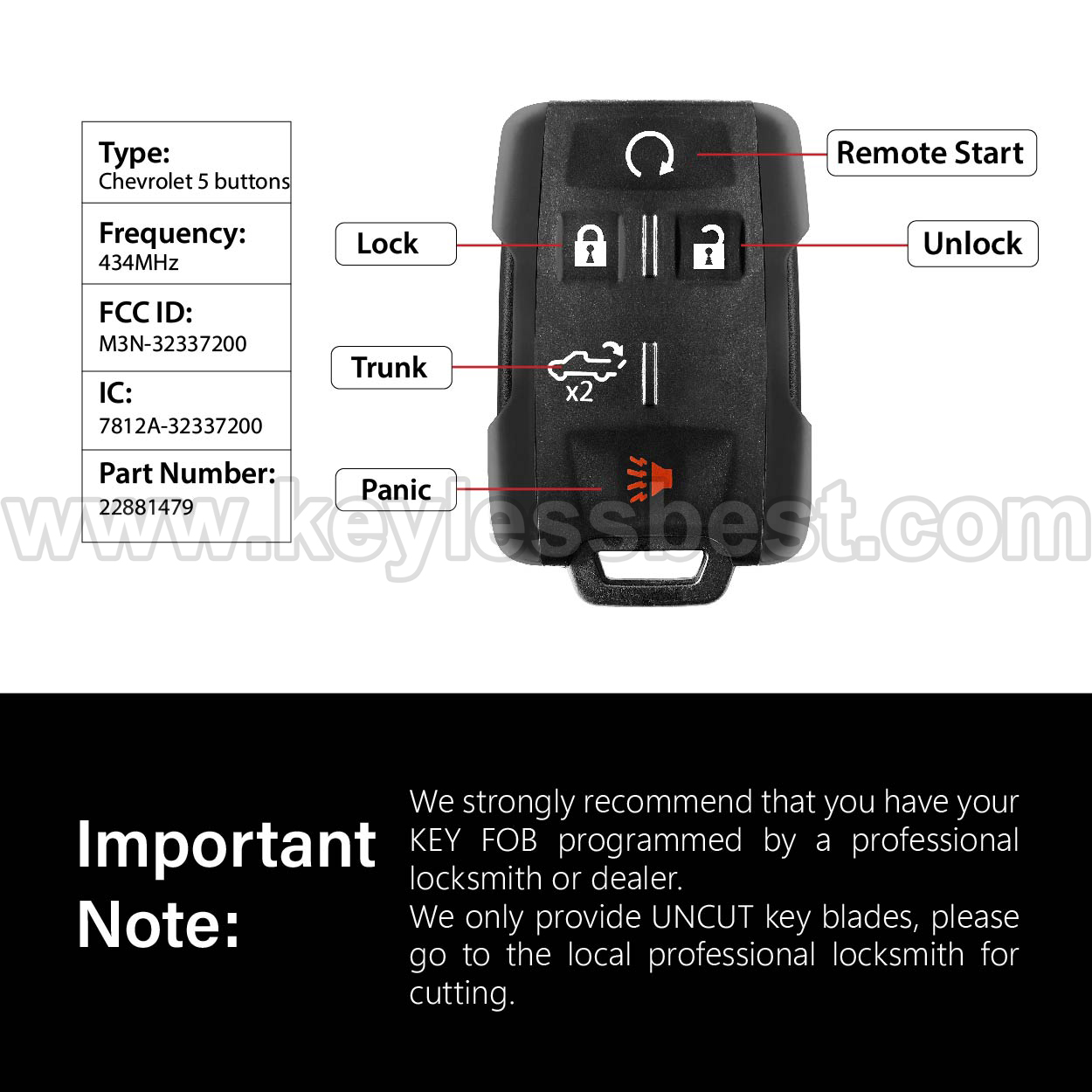 2017-2021 Chevrolet GMC Silverado Sierra Colorado / 5 Buttons Keyless Entry Remote / M3N-32337200 - Image 3