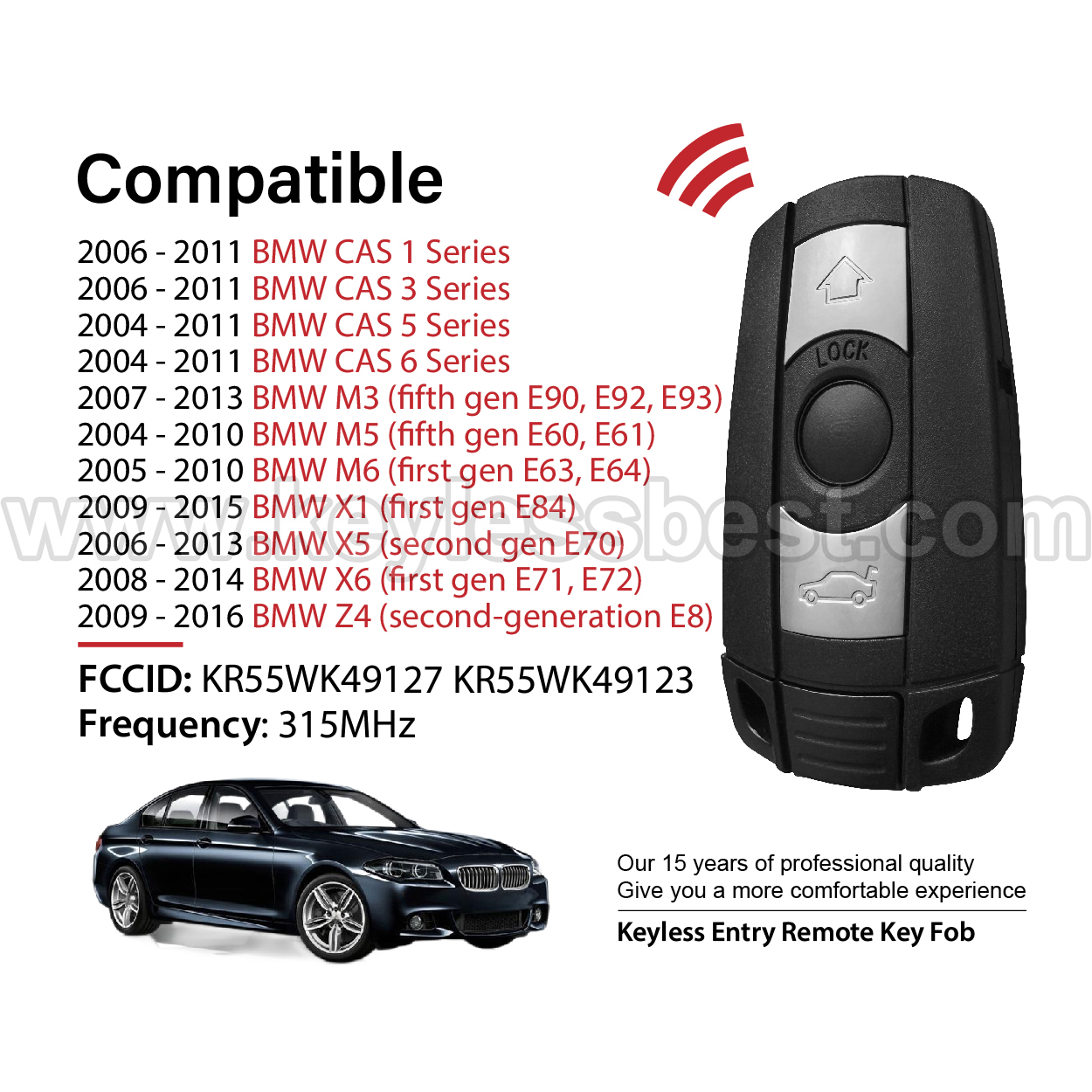 2004-2016 BMW CAS 1 3 5 6 Series M3 M5 M6 X1 X5 X6 Z4 / 3 Buttons Keyless Entry Remote / KR55WK49127 / KR55WK49123 / PN:6986583, 698658305 / 46 - Image 2