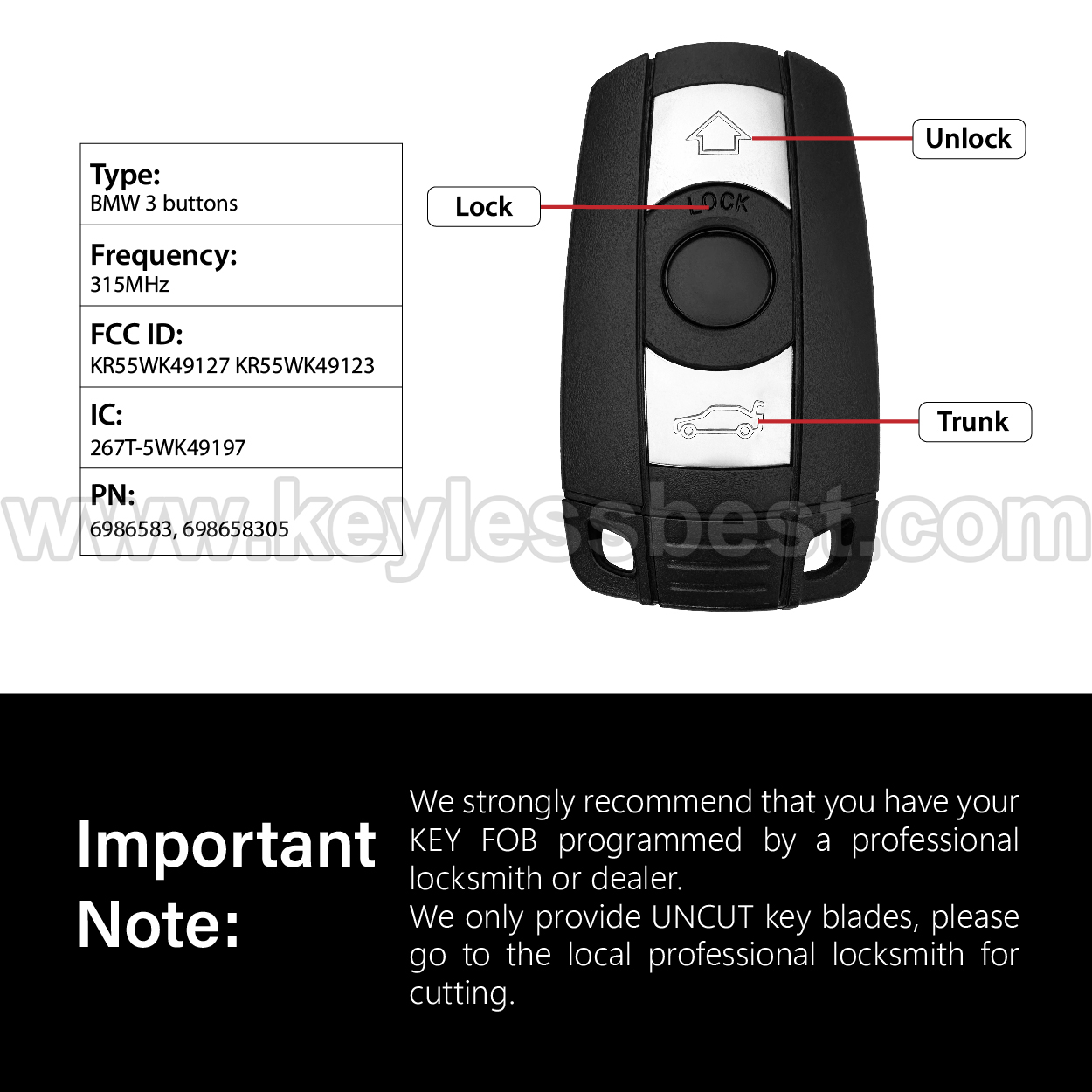 2004-2016 BMW CAS 1 3 5 6 Series M3 M5 M6 X1 X5 X6 Z4 / 3 Buttons Keyless Entry Remote / KR55WK49127 / KR55WK49123 / PN:6986583, 698658305 / 46 - Image 3