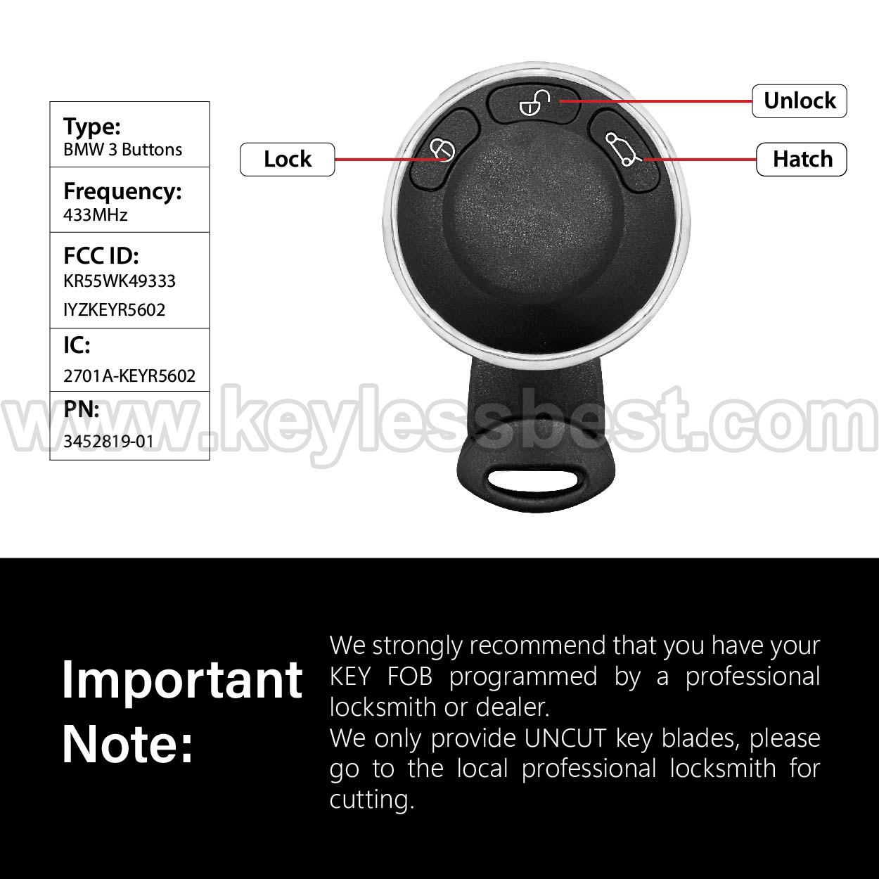 2006-2014 Mini Cooper Cooper Countryman Cooper Paceman / 3 Buttons Keyless Entry Remote / KR55WK49333, IYZKEYR5602 / PN:3452819-01 / 46 - Image 3