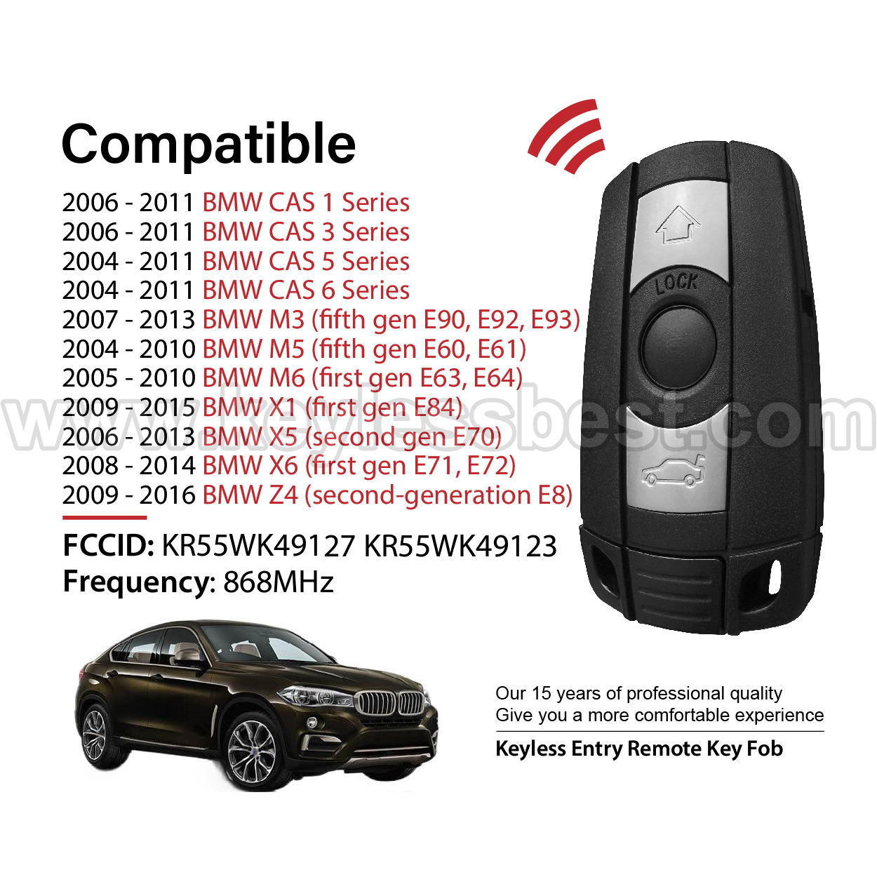 2004-2016 BMW CAS 1 3 5 6 Series M3 M5 M6 X1 X5 X6 Z4 / 3 Buttons Keyless Entry Remote / KR55WK49127 / KR55WK49123 / PN: 6986583, 698658305 / 46 - Image 2