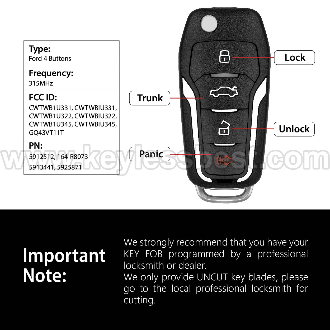 2000 - 2015 Ford Lincoln Mercury Mazda / 4 Buttons Keyless Entry Remote / CWTWB1U331, CWTWBIU331, CWTWB1U322, CWTWBIU322, CWTWB1U345, GQ43VT11T / PN: 5912512, 164-R8073, 5913441, 5925871 / 4D63 80Bit - Image 3