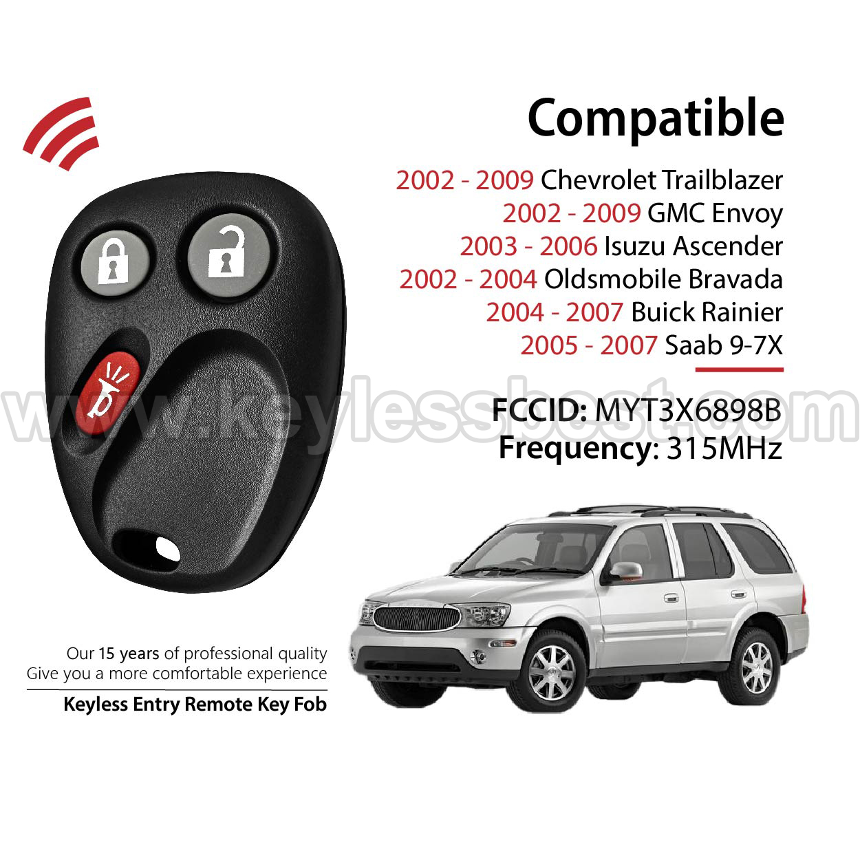2002-2009 Chevrolet GMC Isuzu Oldsmobile Buick Saab Trailblazer Envoy Ascender Bravada Rainier 9-7X / 3 Buttons Keyless Entry Remote / MYT3X6898B / PN: 15008008 15008009 - Image 2