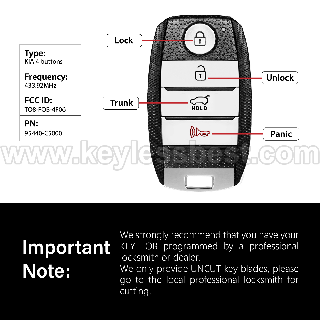 2015-2017 Kia Sorento / 4 Buttons Keyless Entry Remote / TQ8-FOB-4F06 / PN:95440-C5000 - Image 3