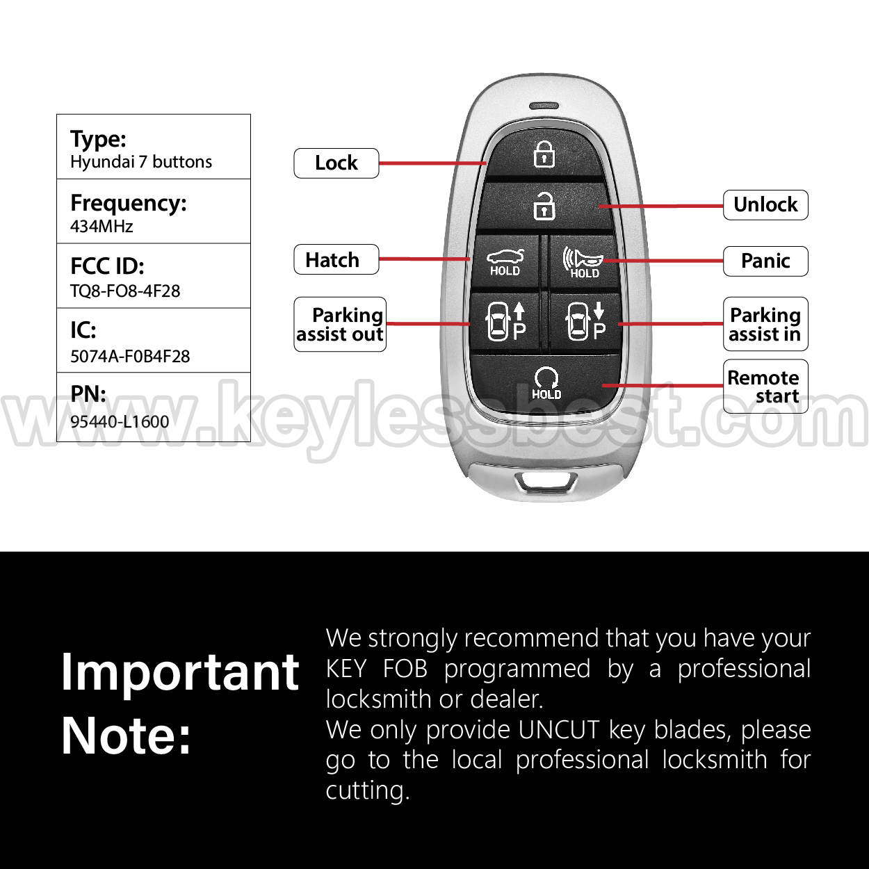 2020-2022 Hyundai Sonata / 7 Buttons Keyless Entry Remote / TQ8-FO8-4F28 / PN:95440-L1600 / 47 - Image 3