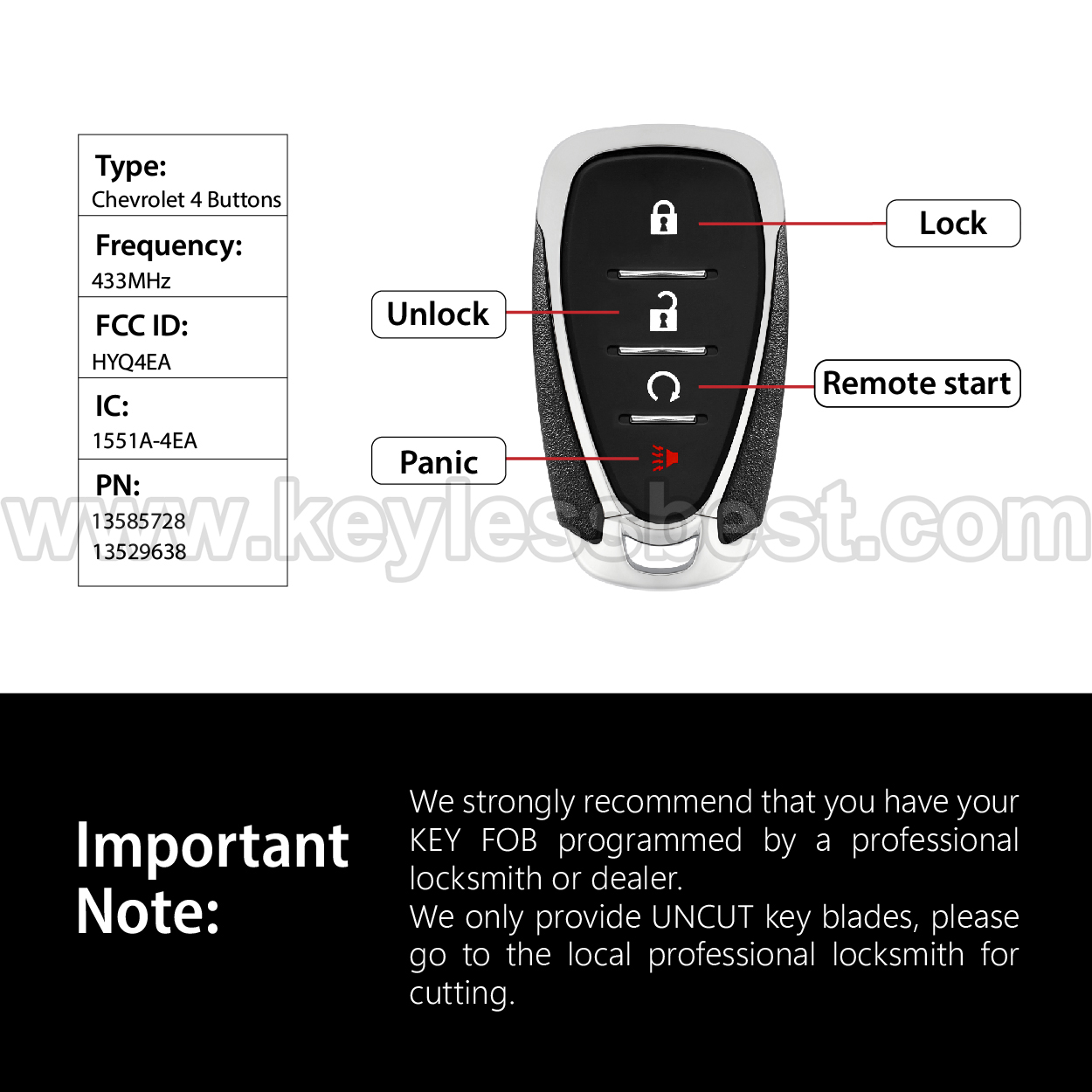 2016-2022 Chevrolet Bolt Cruze (New Model) Cruze (Canada) Equinox Sonic Traverse Trax Trailblazer Volt / 4 Buttons Keyless Entry Remote / HYQ4EA / PN:13585728 13529638 / 46 - Image 3