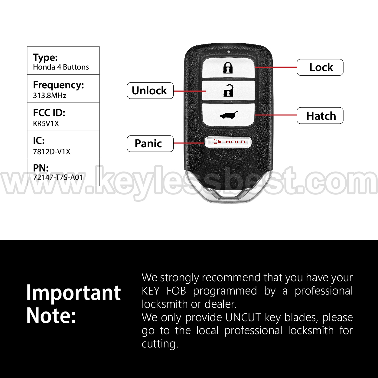 2016-2022 Honda HR-V (All) Fit EX (CVT, 6MT) Fit EX-L CVT Fit EX-LN CVT / 4 Buttons Keyless Entry Remote / KR5V1X / PN:72147-T7S-A01 - Image 3