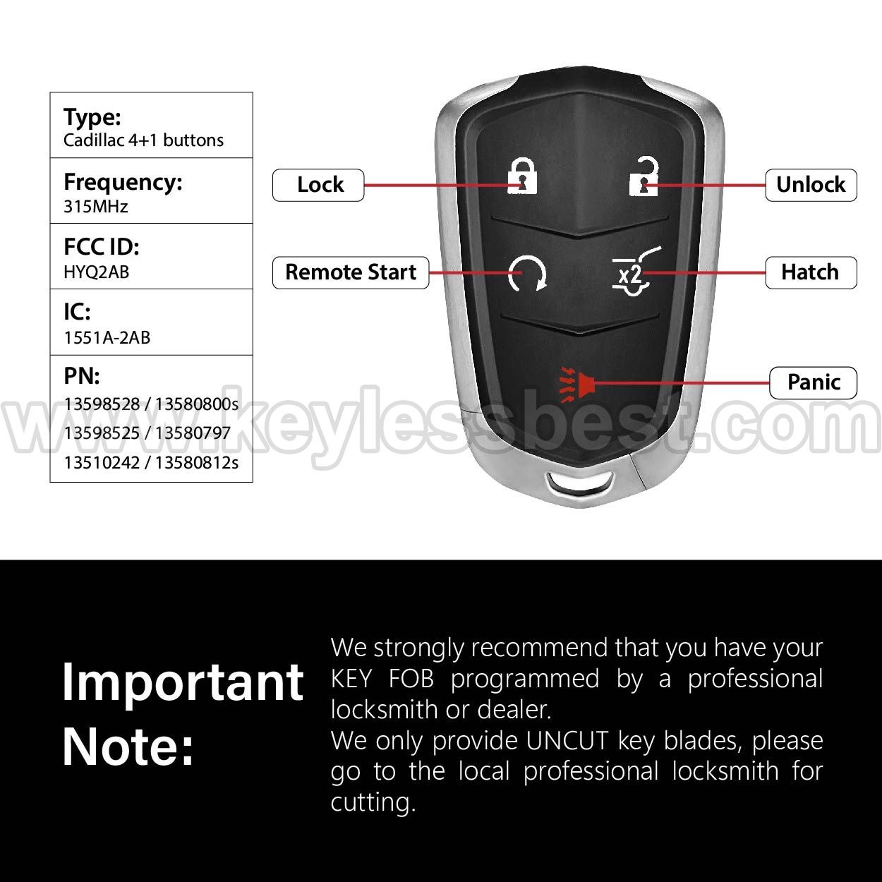 2015-2019 Cadillac SRX Escalade / 5 Buttons Keyless Entry Remote / HYQ2AB / PN: 13598528, 13580800s, 13598525, 13580797, 13510242, 13580812s / 46 - Image 3