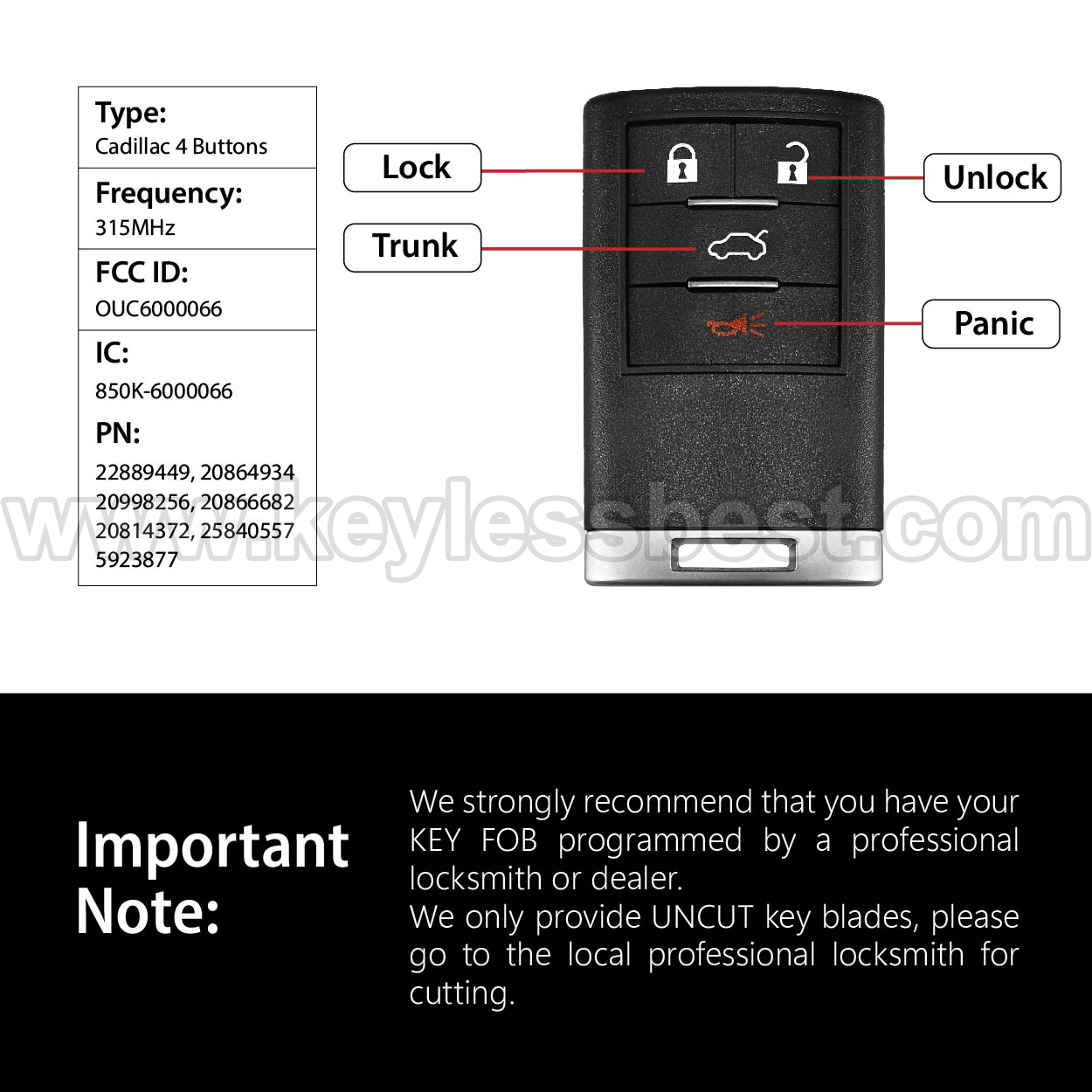 2008-2013 Cadillac CTS CTS Coupe DTS / 4 Buttons Keyless Entry Remote / OUC6000066 / PN: 22889449, 20864934, 20998256, 20866682, 20814372, 25840557, 5923877 - Image 3
