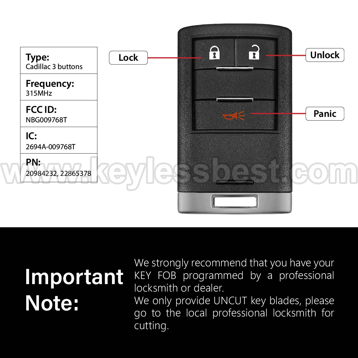 2010-2016 Cadillac SRX / 3 Buttons Keyless Entry Remote / NBG009768T / PN:20984232, 22865378 / PCF7952 - Image 3