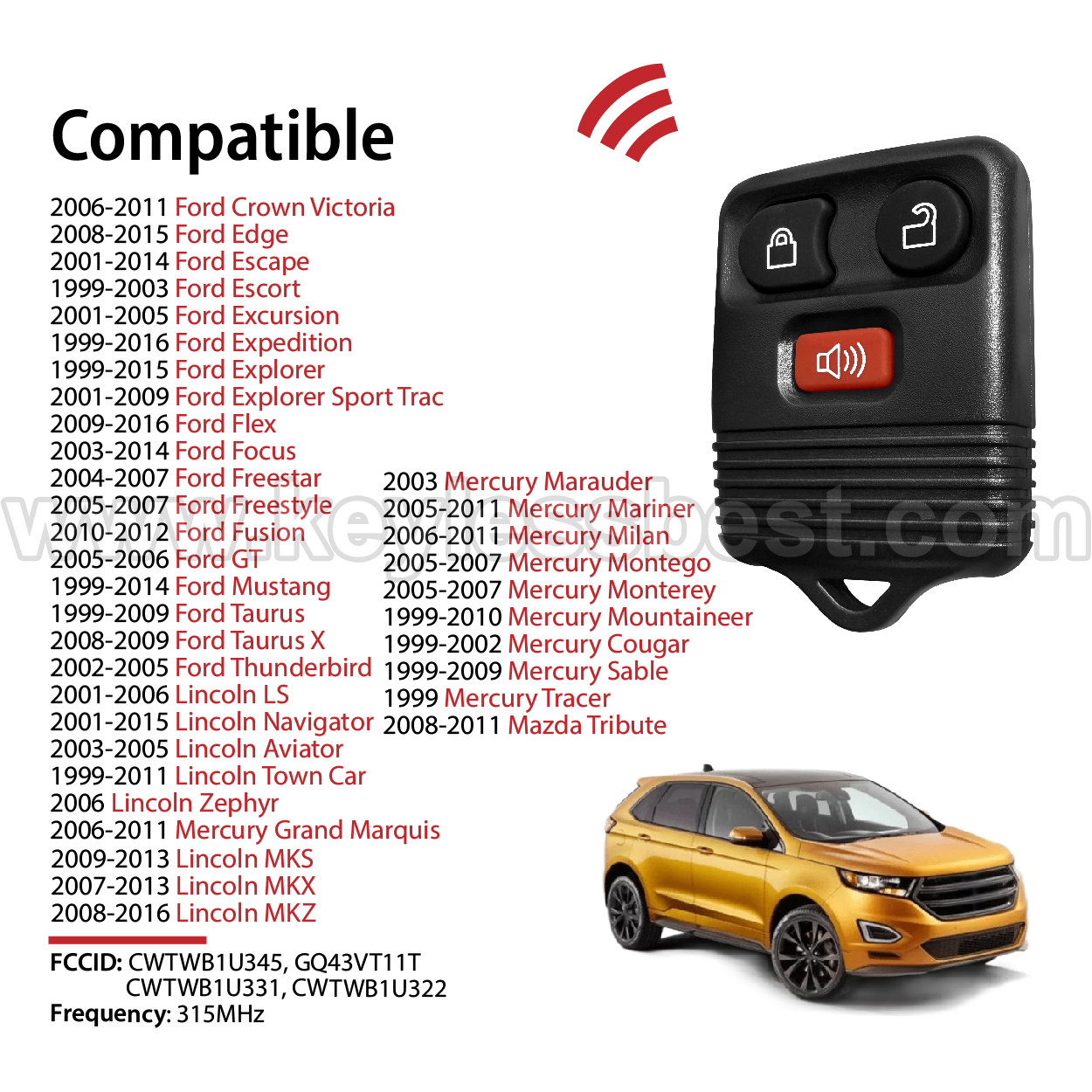 1998-2016 Ford Lincoln Mazda Mercury / 3 Buttons Keyless Entry Remote / CWTWB1U345, CWTWB1U331, CWTWB1U212, GQ43VT11T, OUCD6000022 / PN: 8L3Z-15K601-AA, 8L3T-15K601-AA, F8DB-15K601-AA, 2L3T-15K601-AA, 2L3T-15K601-AB - Image 2