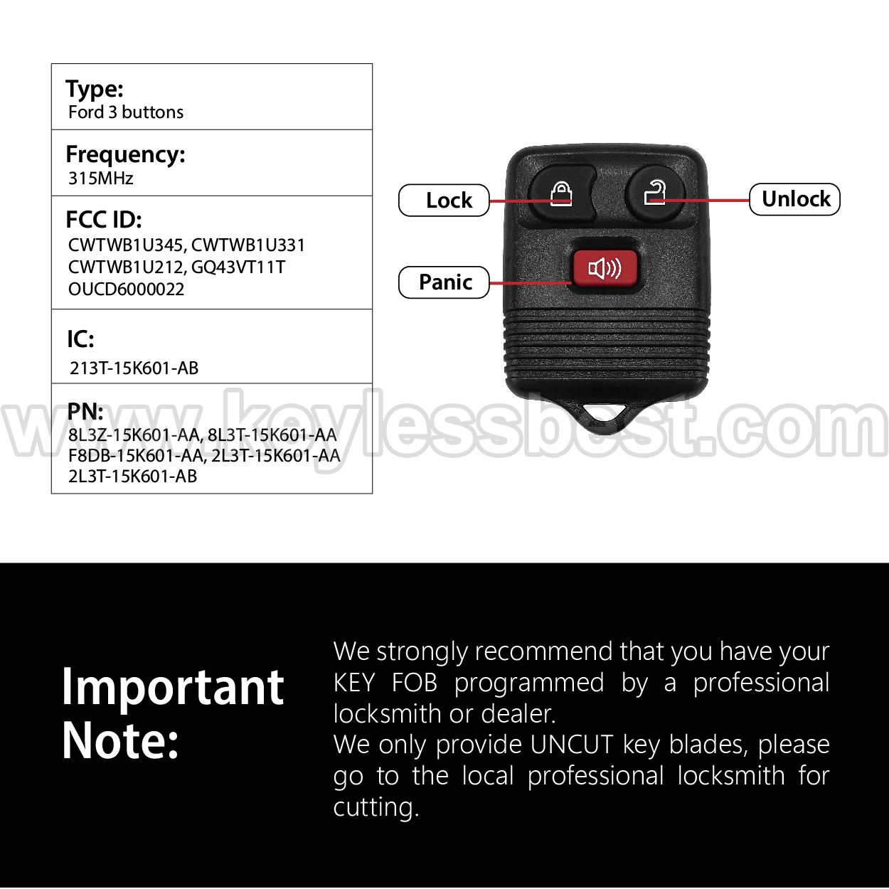 1998-2016 Ford Lincoln Mazda Mercury / 3 Buttons Keyless Entry Remote / CWTWB1U345, CWTWB1U331, CWTWB1U212, GQ43VT11T, OUCD6000022 / PN: 8L3Z-15K601-AA, 8L3T-15K601-AA, F8DB-15K601-AA, 2L3T-15K601-AA, 2L3T-15K601-AB - Image 3