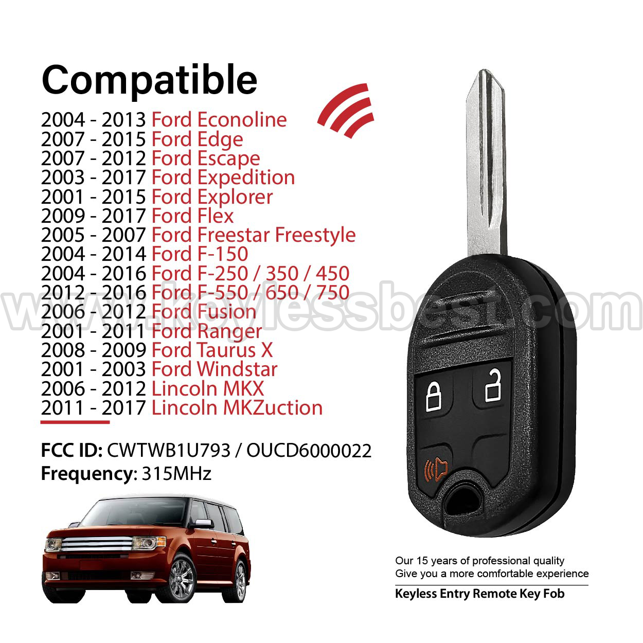 2001-2017 Ford Lincoln Econoline Edge Escape Expedition Explorer Flex Freestar Freestyle F-150 F-250 / 350 / 450 F-550 / 650 / 750 Fusion Ranger Taurus X Windstar MKX MKZuction / 3 Buttons Keyless Entry Remote / CWTWB1U793 / OUCD6000022 / PN: 164-R8070 / 4D63 80Bit - Image 2