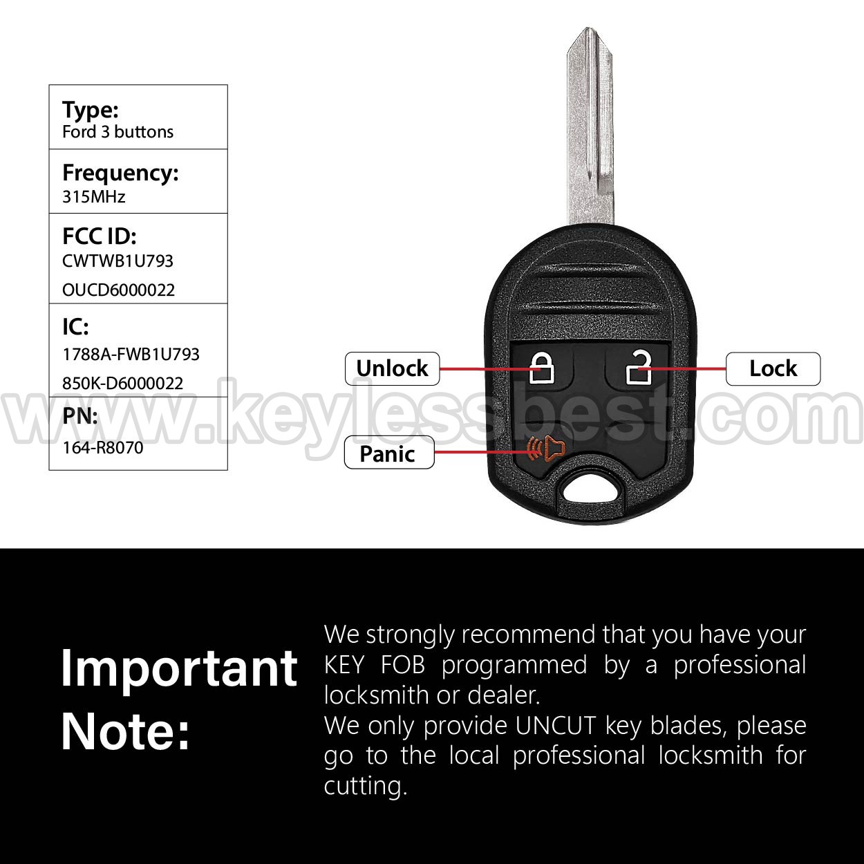 2001-2017 Ford Lincoln Econoline Edge Escape Expedition Explorer Flex Freestar Freestyle F-150 F-250 / 350 / 450 F-550 / 650 / 750 Fusion Ranger Taurus X Windstar MKX MKZuction / 3 Buttons Keyless Entry Remote / CWTWB1U793 / OUCD6000022 / PN: 164-R8070 / 4D63 80Bit - Image 3