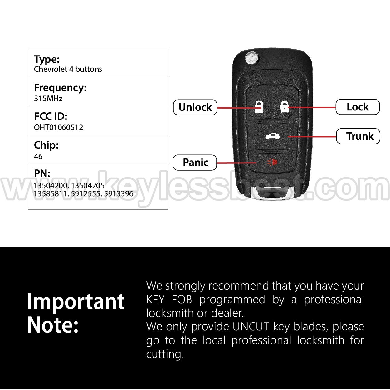 2010-2019 Chevrolet GMC Buick Camaro Cruze Equino Impala Malibu Sonic Terrain LaCrosse Regal Verano Encore Allure / 4 Buttons Keyless Entry Remote / OHT01060512 / PN:13504200, 13504205, 13585811, 5912555, 5913396 - Image 3