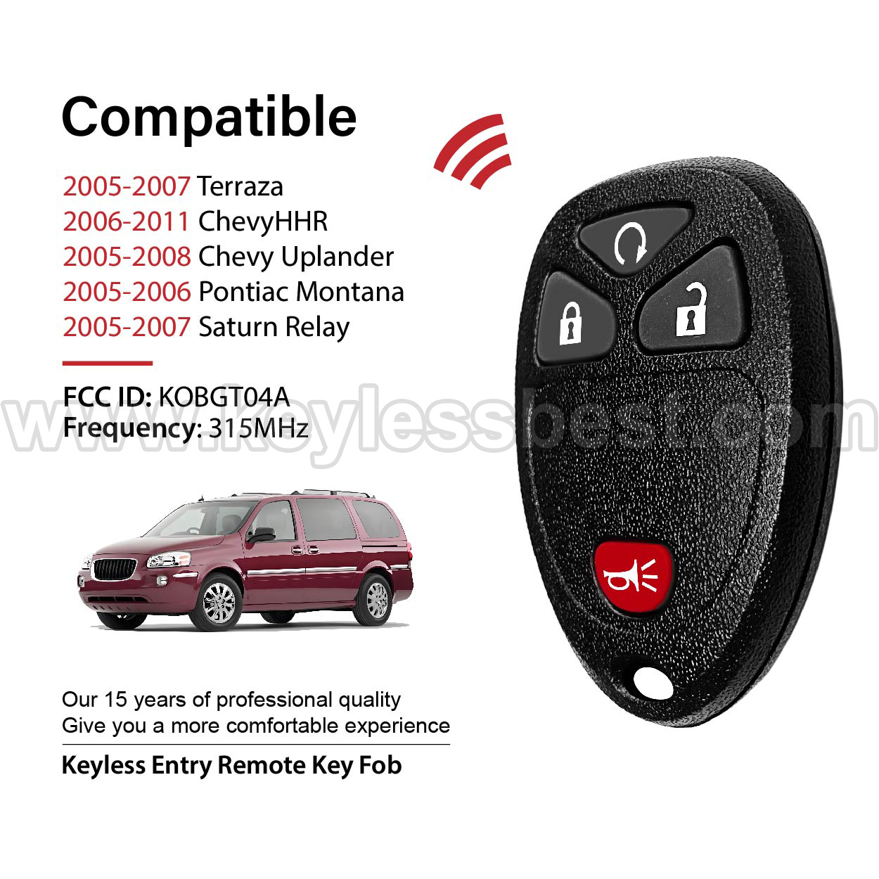 2005-2011 Buick Chevy Pontiac Saturn Terraza HHR Uplander Montana Relay / 4 Buttons Keyless Entry Remote / KOBGT04A / PN:22733523 15252034 - Image 2