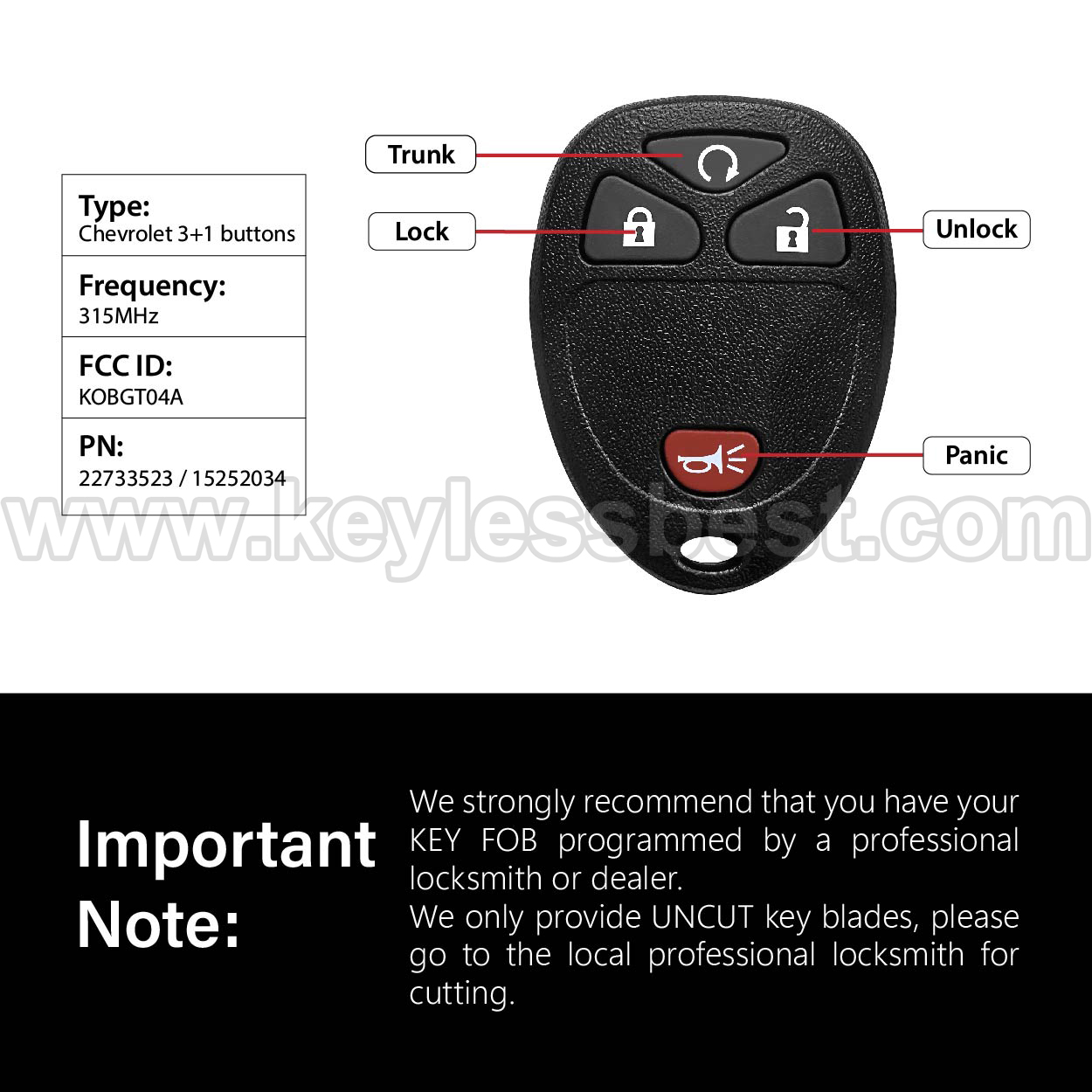 2005-2011 Buick Chevy Pontiac Saturn Terraza HHR Uplander Montana Relay / 4 Buttons Keyless Entry Remote / KOBGT04A / PN:22733523 15252034 - Image 3