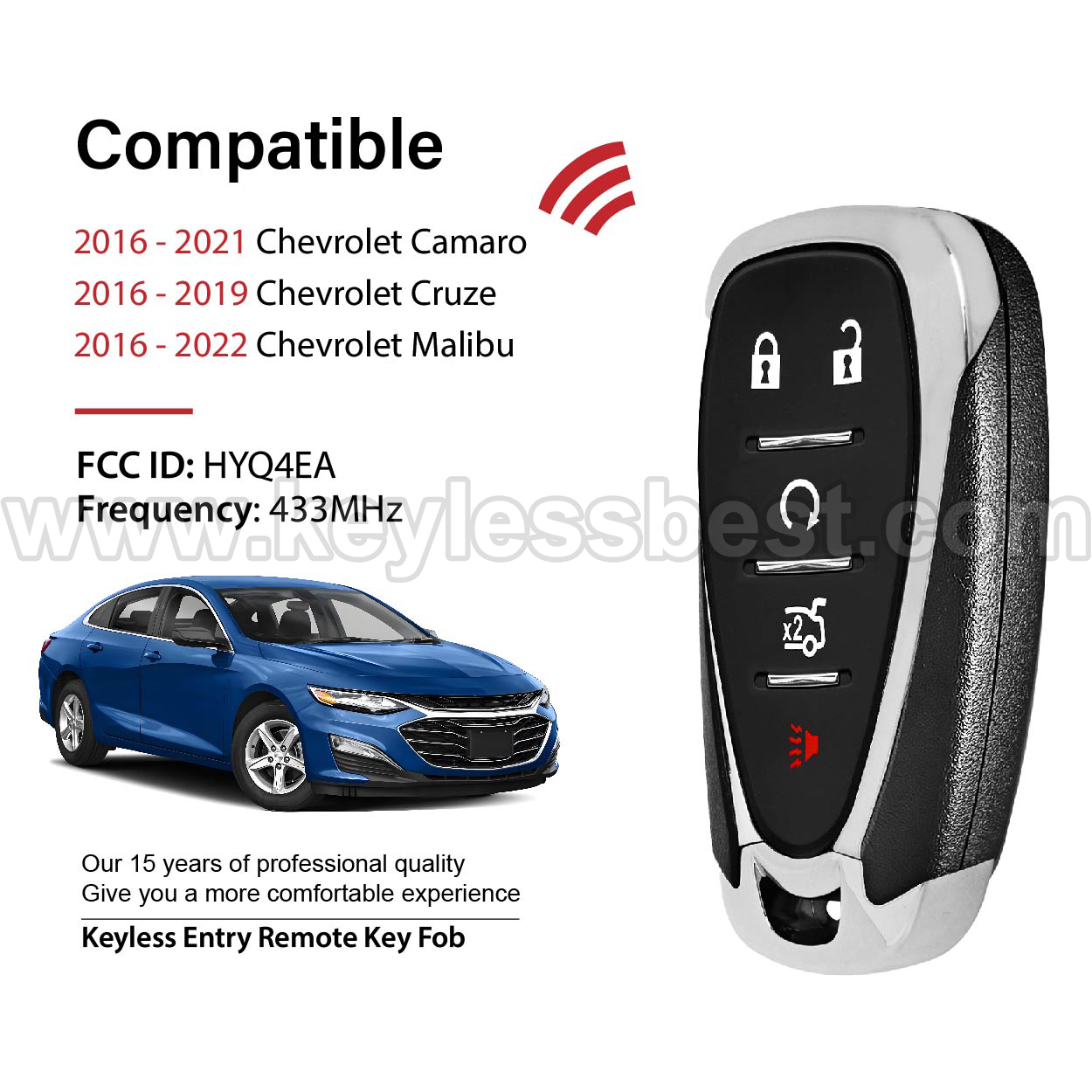 2016-2022 Chevrolet Camaro Cruze Malibu / 5 Buttons Keyless Entry Remote / HYQ4EA / PN: 13590048, 13589533, 13508769, 13584497 / 46 - Image 2