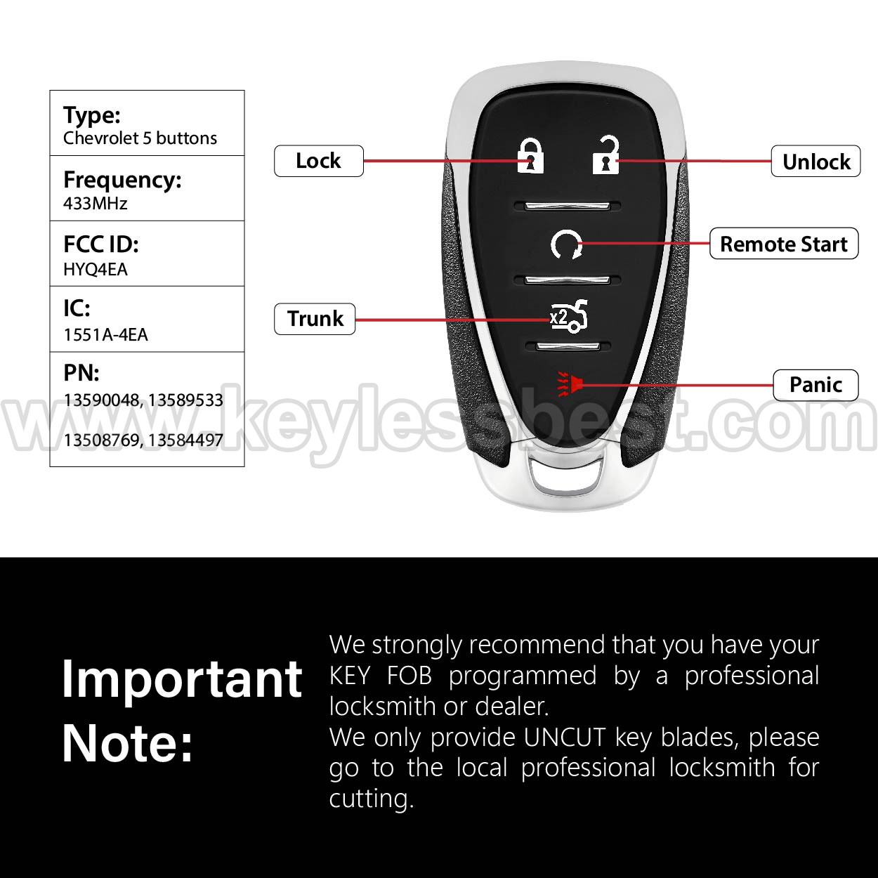 2016-2022 Chevrolet Camaro Cruze Malibu / 5 Buttons Keyless Entry Remote / HYQ4EA / PN: 13590048, 13589533, 13508769, 13584497 / 46 - Image 3