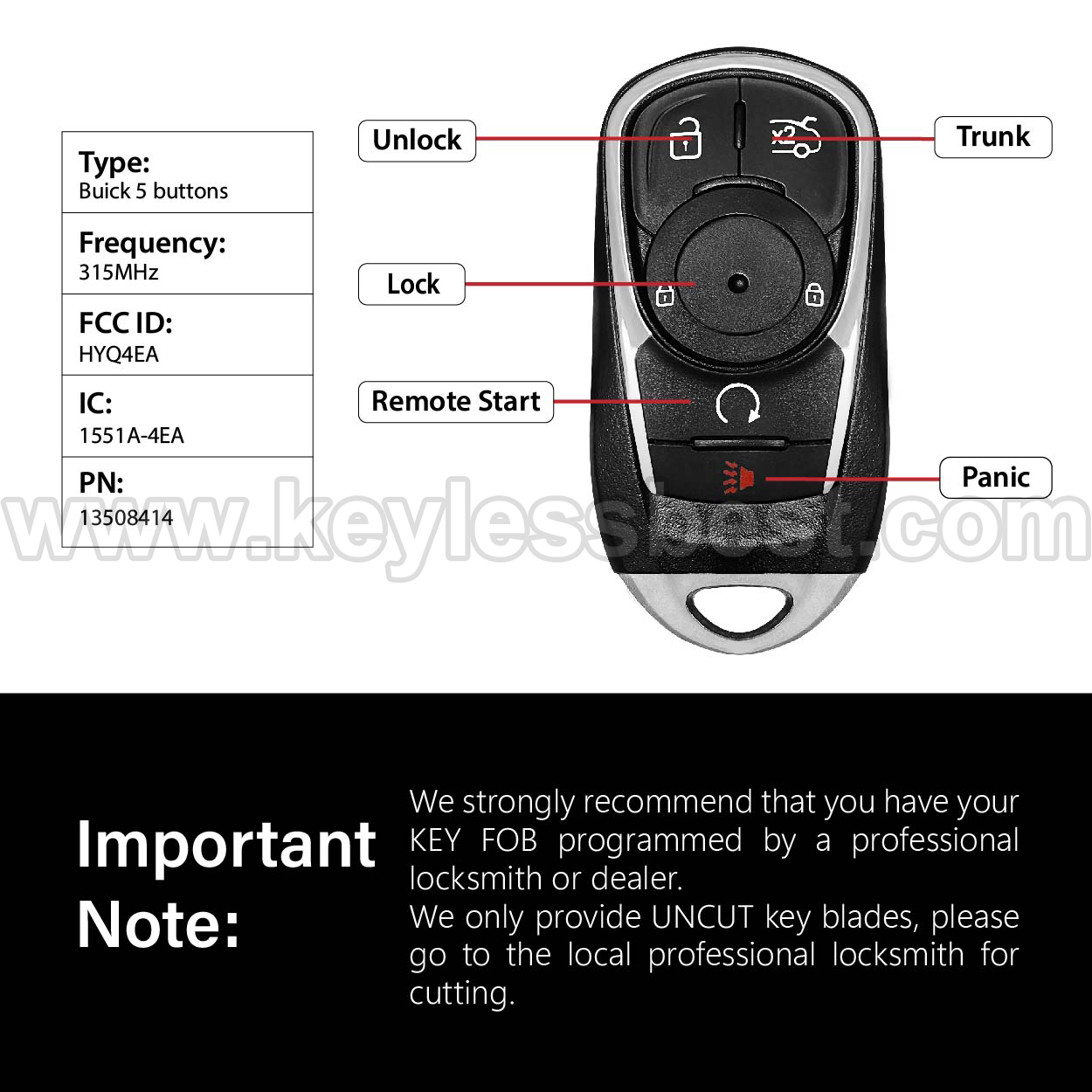 2017 - 2020 Buick Lacrosse / 5 Buttons Keyless Entry Remote / HYQ4EA / PN: 13508414 - Image 3
