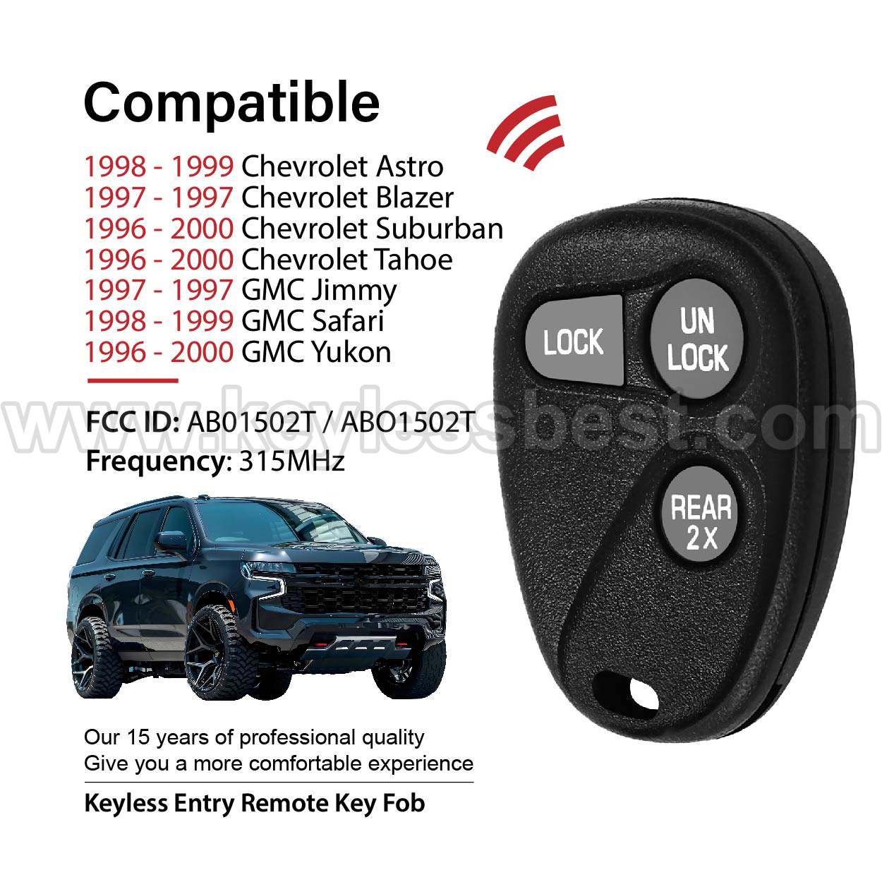 1996-2000 Chevrolet GMC Astro Blazer Suburban Tahoe Jimmy Safari Yukon / 3 Buttons Keyless Entry Remote / AB01502T, ABO1502T / PN:16245105 - Image 2